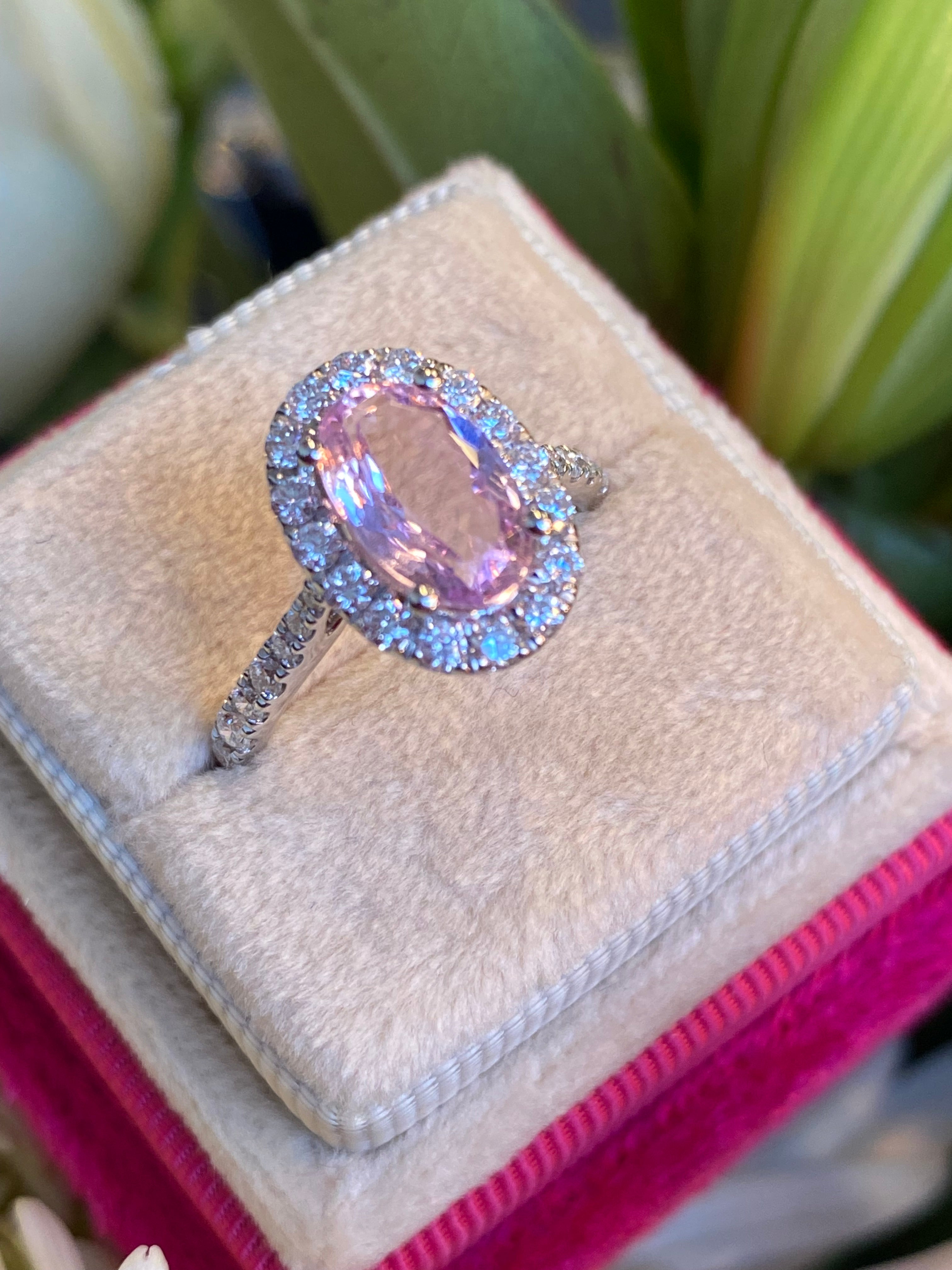 1.94 CTW Oval Cut Pink Topaz and Natural Diamond Halo Ring in Platinum
