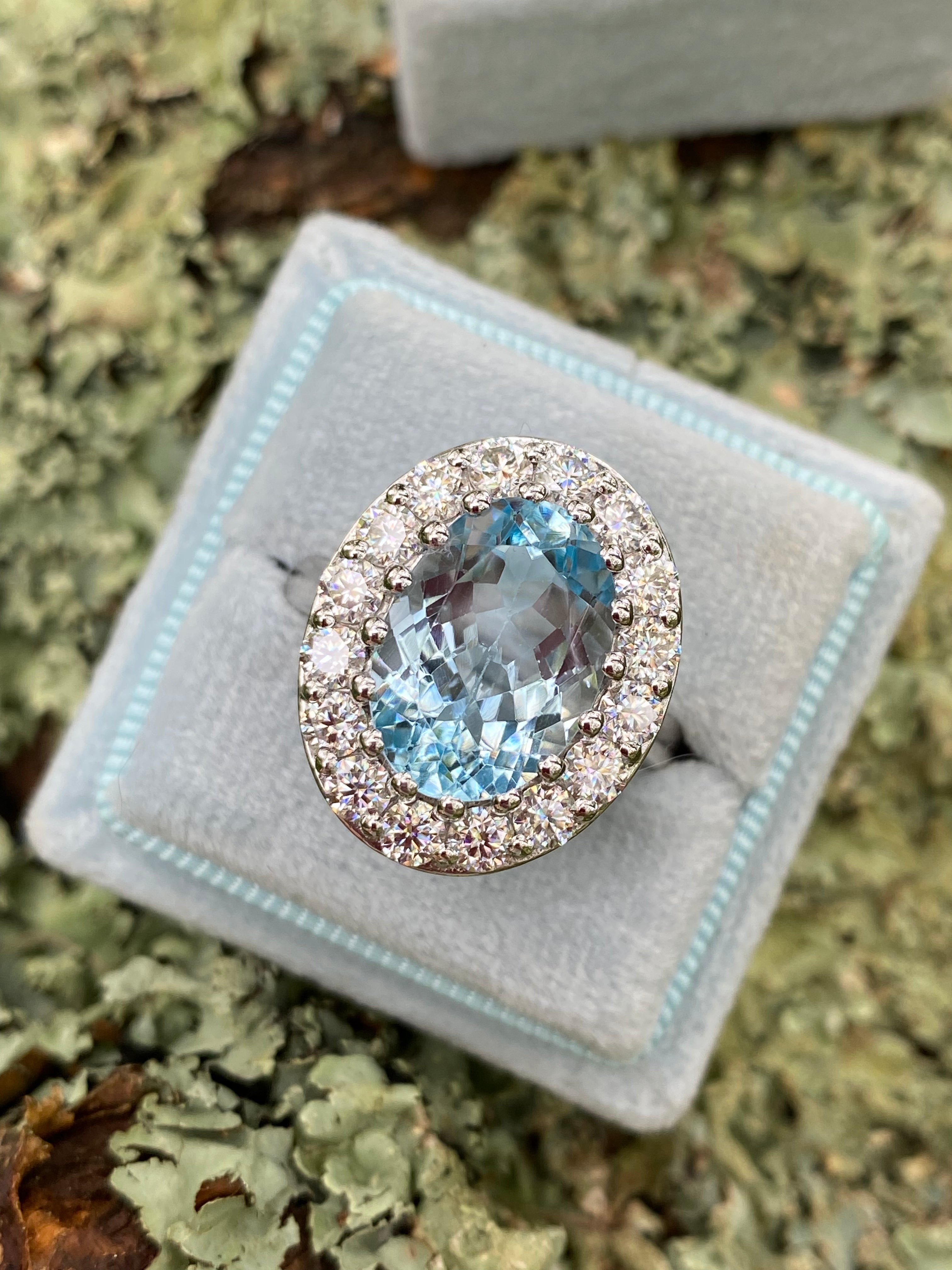 9.60 CTW Oval Cut Blue Topaz and Moissanite Halo Cocktail Ring in Sterling Silver
