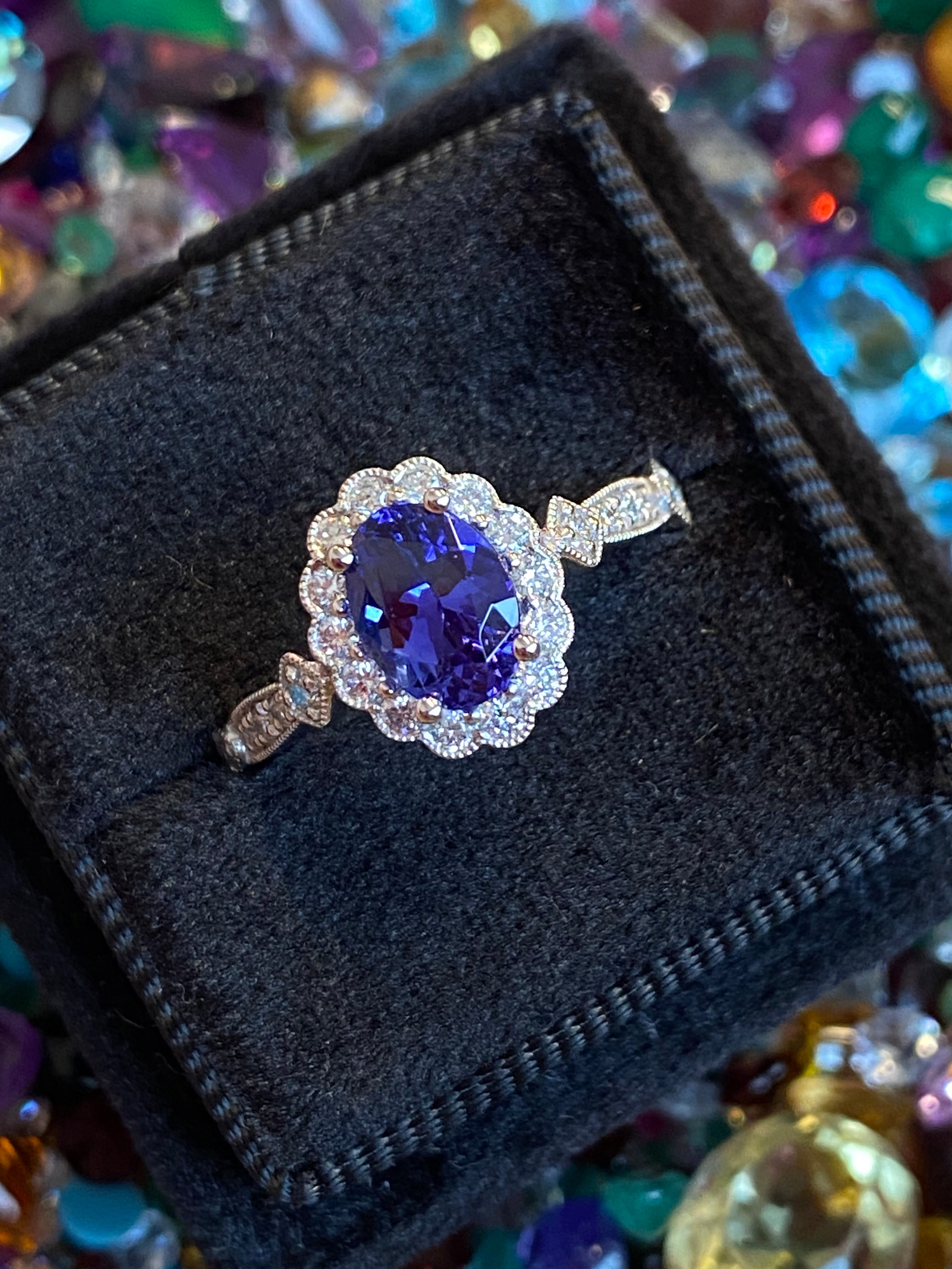 1.44 CTW Tanzanite and Natural Diamond Halo Ring in Platinum