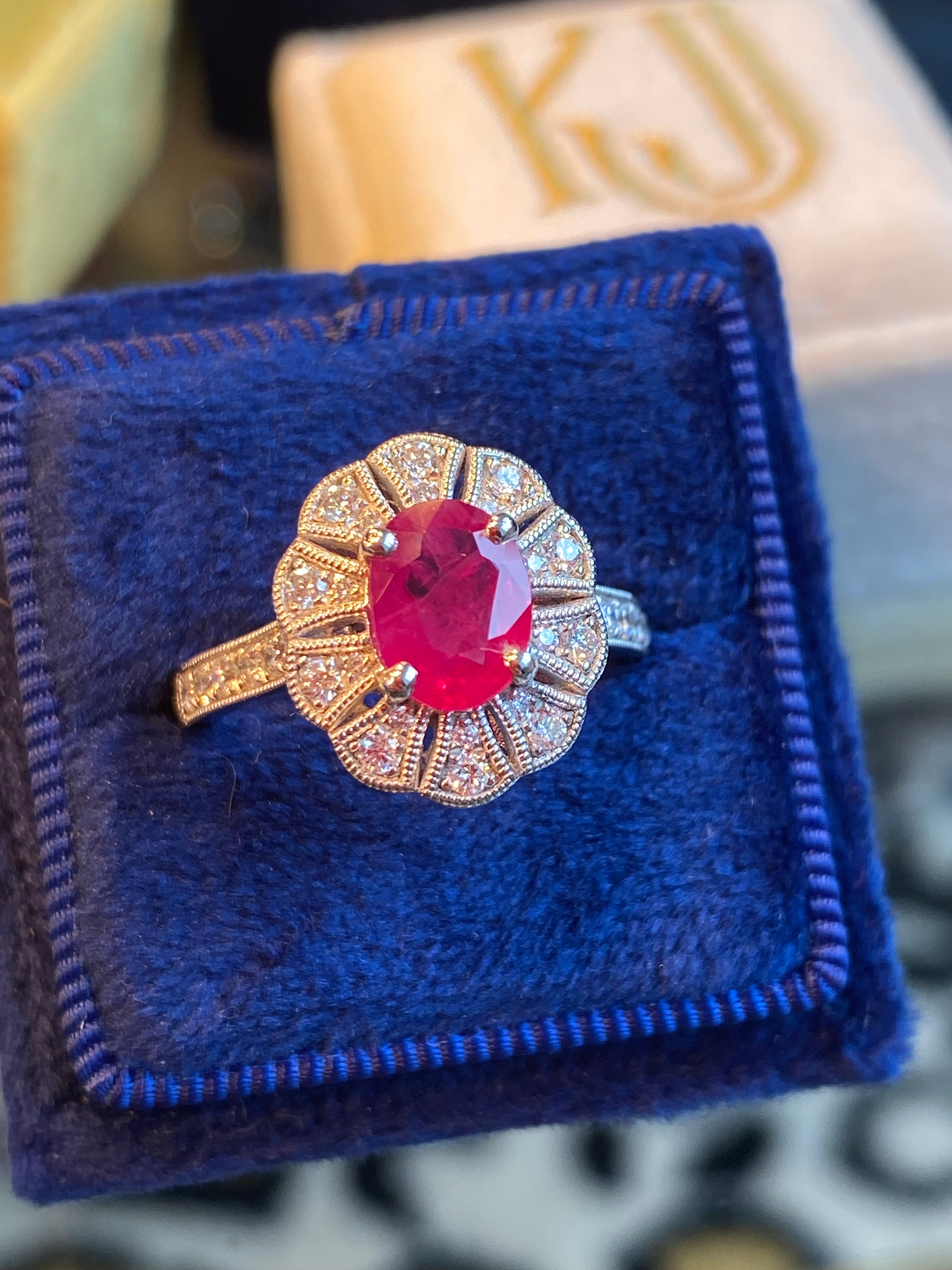 1.71 CTW Oval Cut Ruby and Diamond Art Deco Style Ring in Platinum