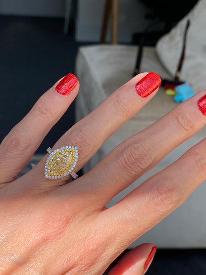 3.21 ctw Marquise Cut Natural Yellow Diamond Engagement Ring in Platinum and 18ct Yellow Gold