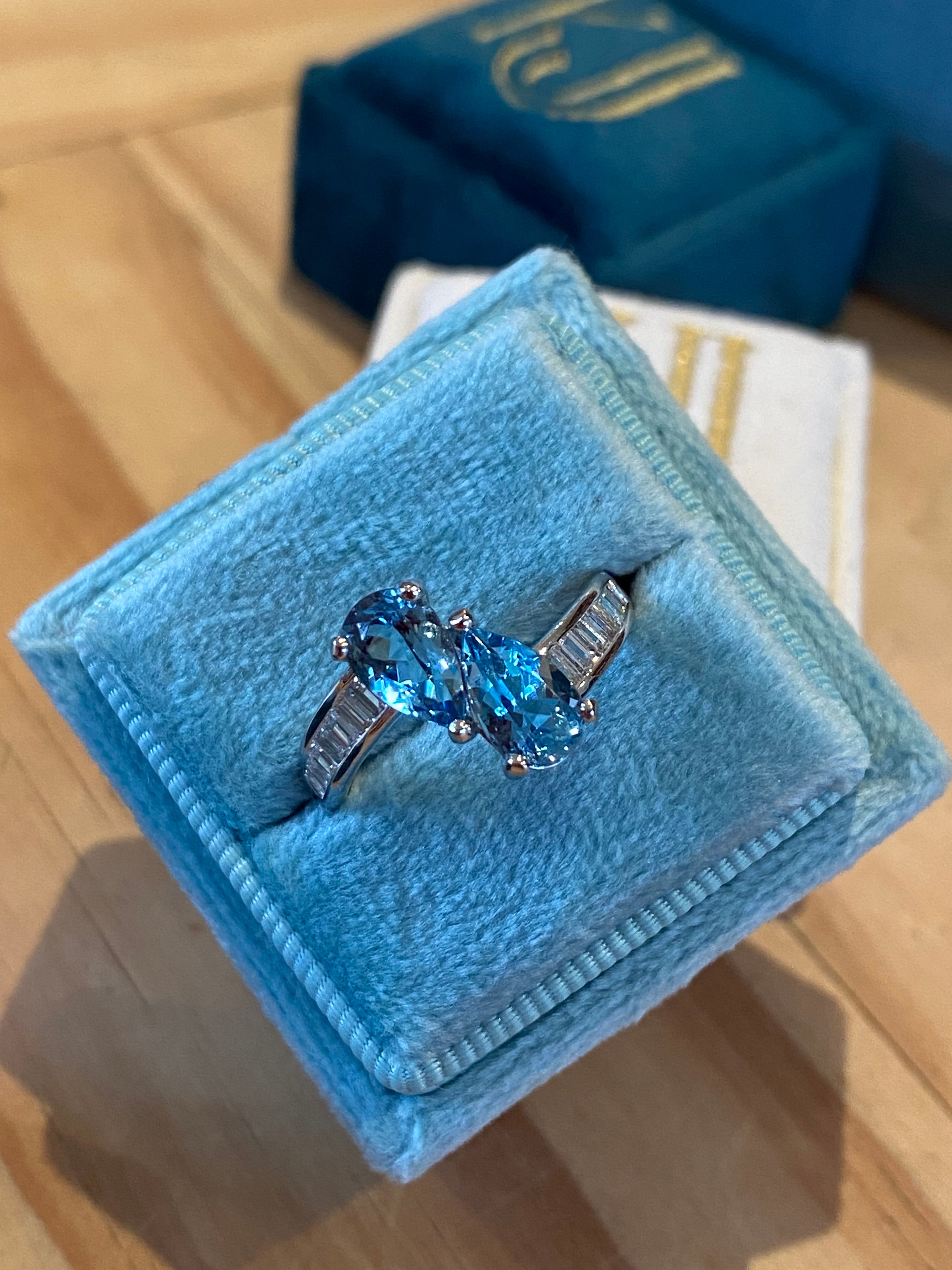 2.01 CTW Pear Cut Aquamarine and Natural Diamond Toi et Moi Ring in Platinum