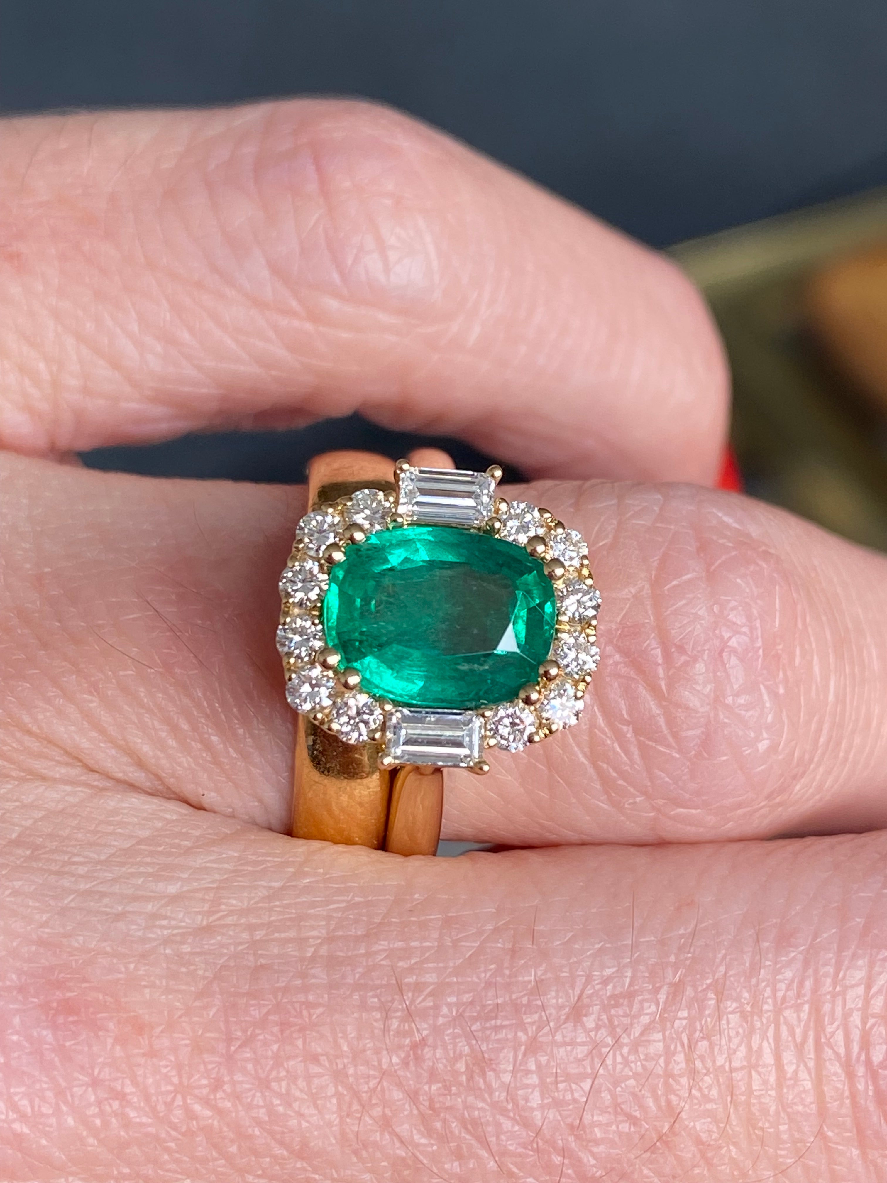 2.59 CTW Cushion Cut Emerald and Natural Diamond Halo Ring in 18ct Yellow Gold