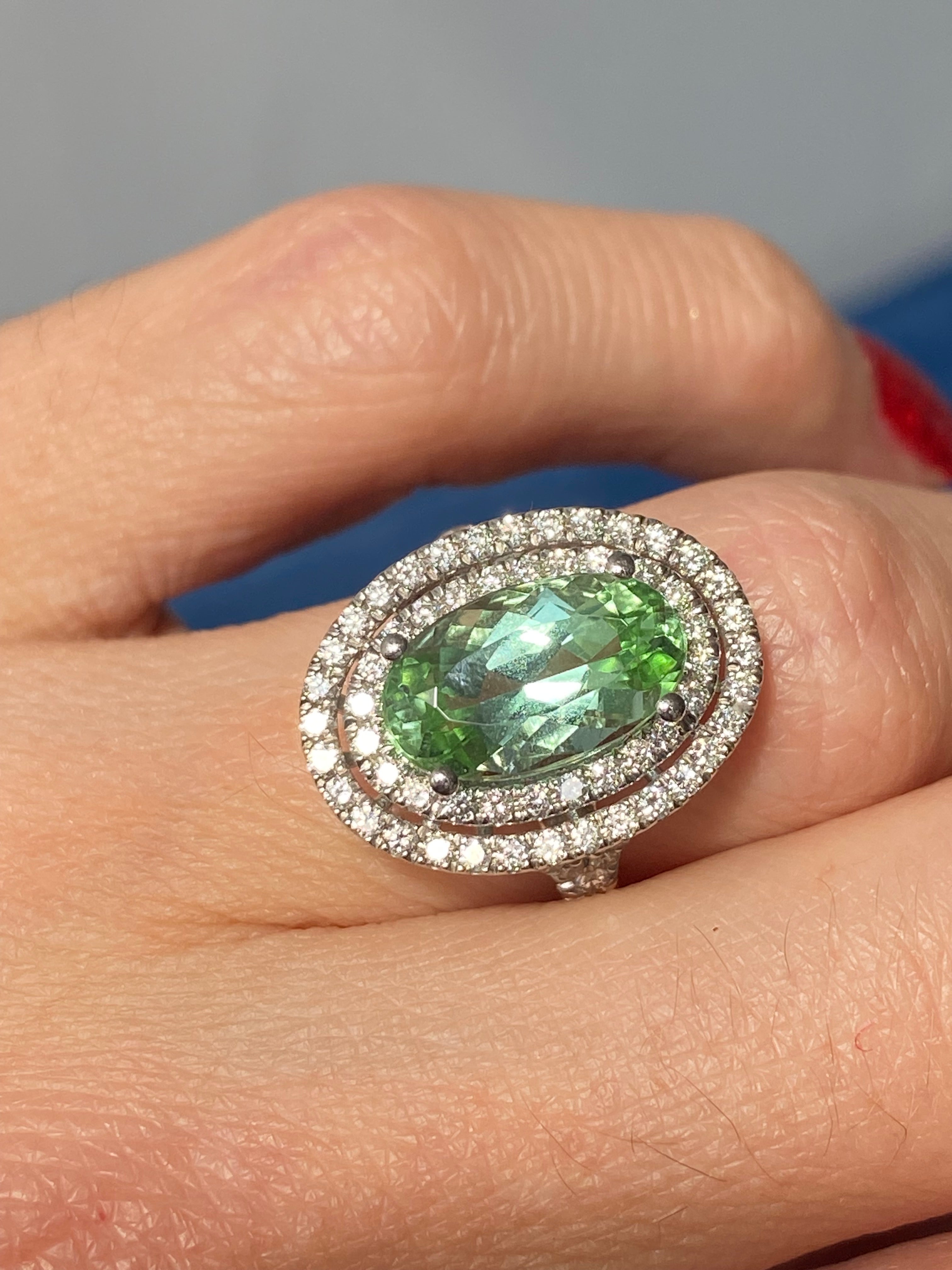 4.77 CTW Magical Mint Tourmaline and Natural Diamond Double Halo Ring in Platinum