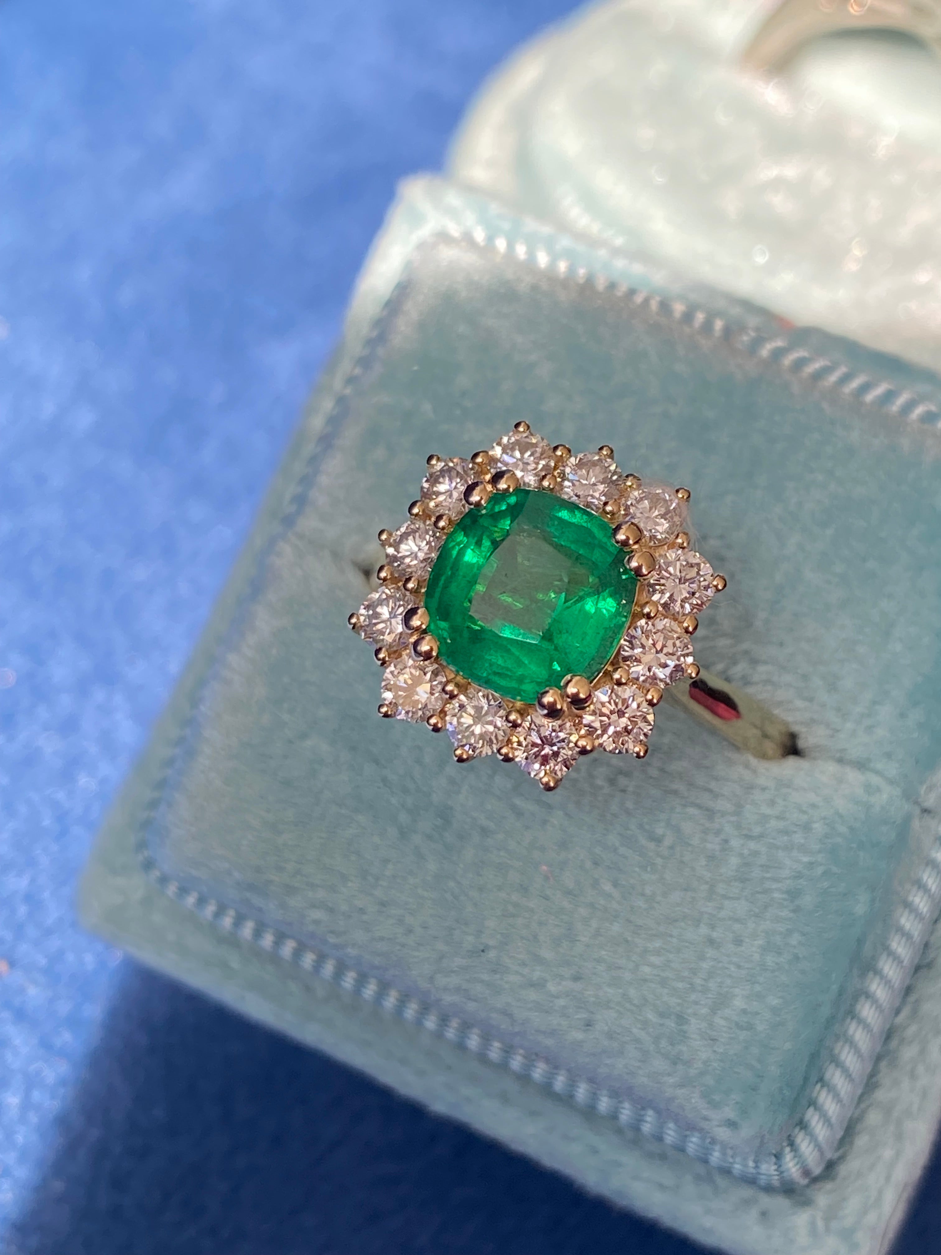Masterpiece Cushion Cut Emerald and Natural Diamond Halo Ring in 18ct Yellow Gold