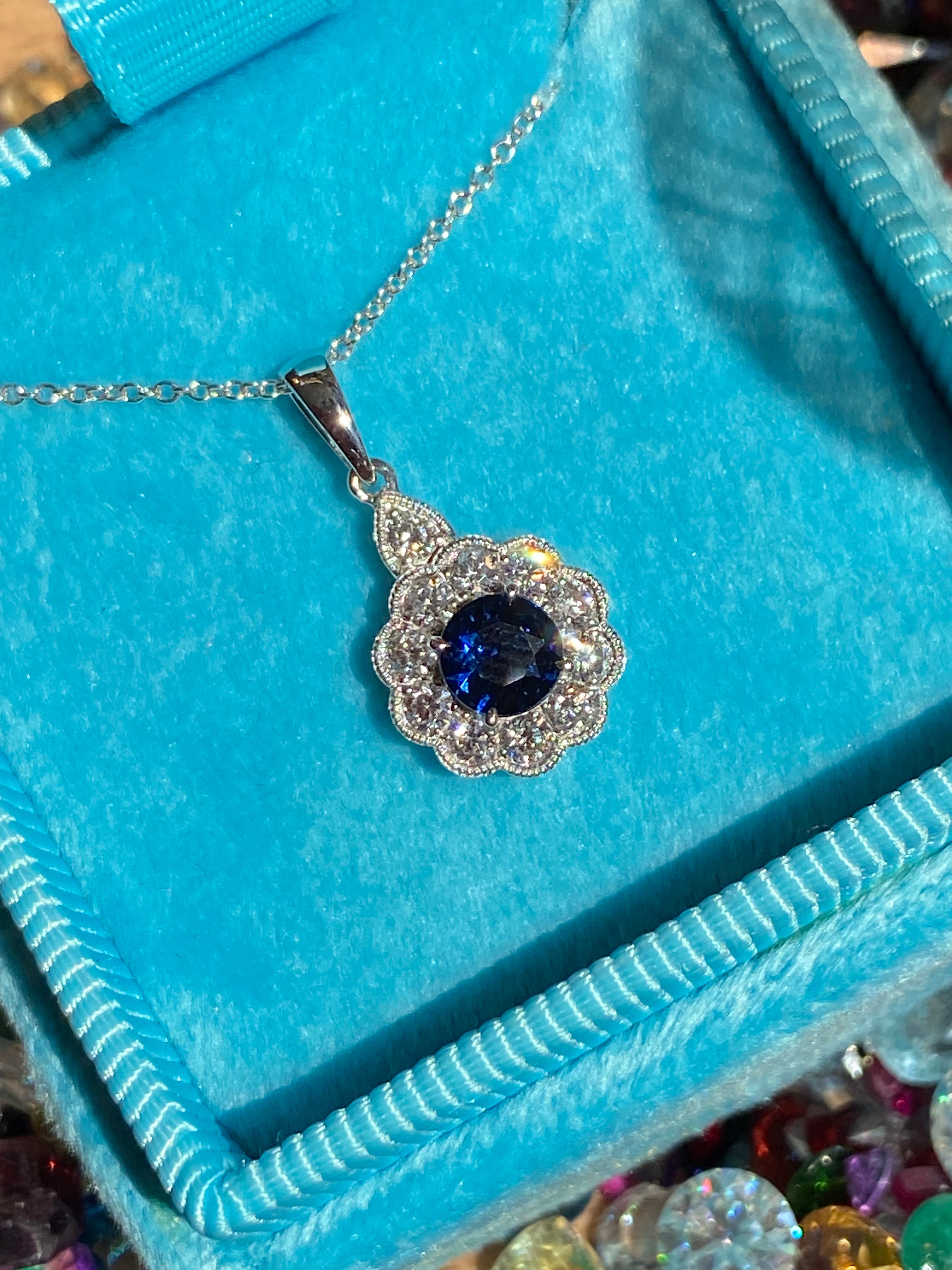 0.86 CTW Sapphire and Natural Diamond Pendant Necklace in 18ct White Gold
