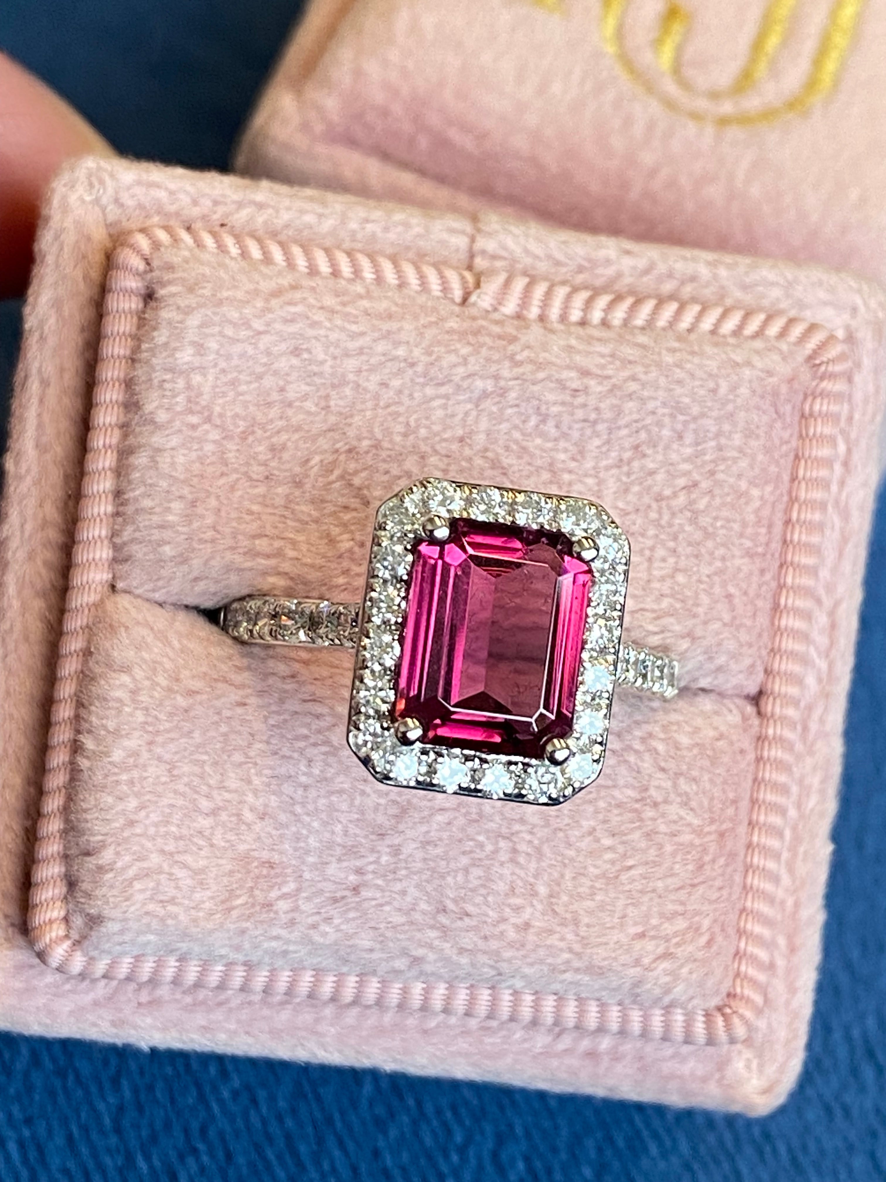 2.71 CTW Emerald Cut Pink Tourmaline and Natural Diamond Halo Ring in Platinum