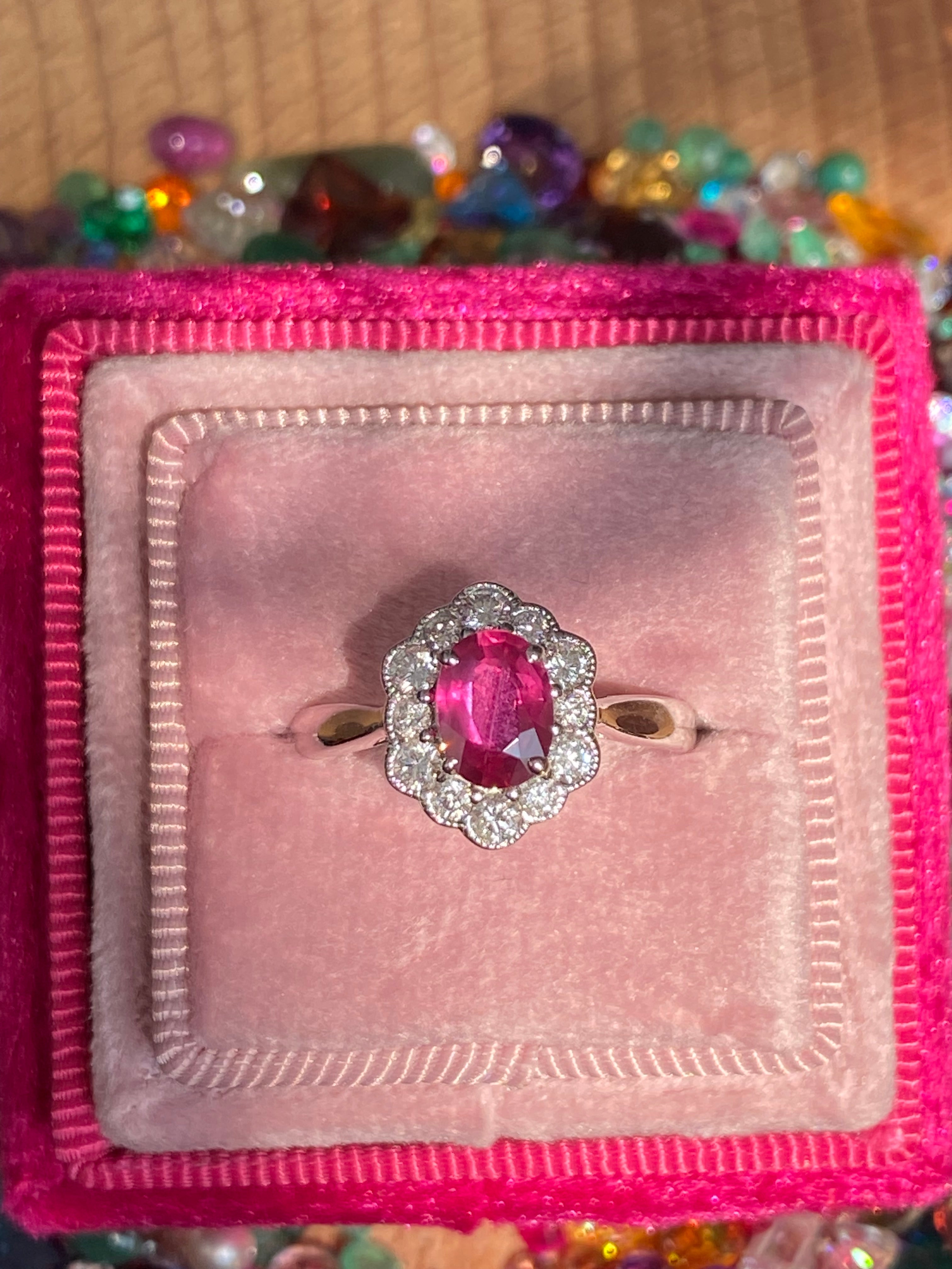 1.49 CTW Ruby and Natural Diamond Halo Ring in 18ct White Gold