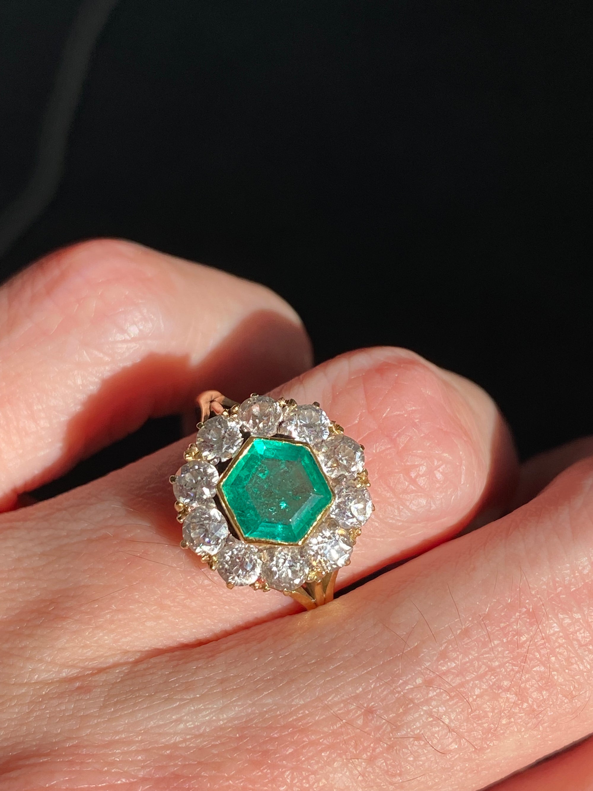 3.00 CTW Colombian Emerald and Old Cut Diamond Halo Ring in 18ct Yellow Gold