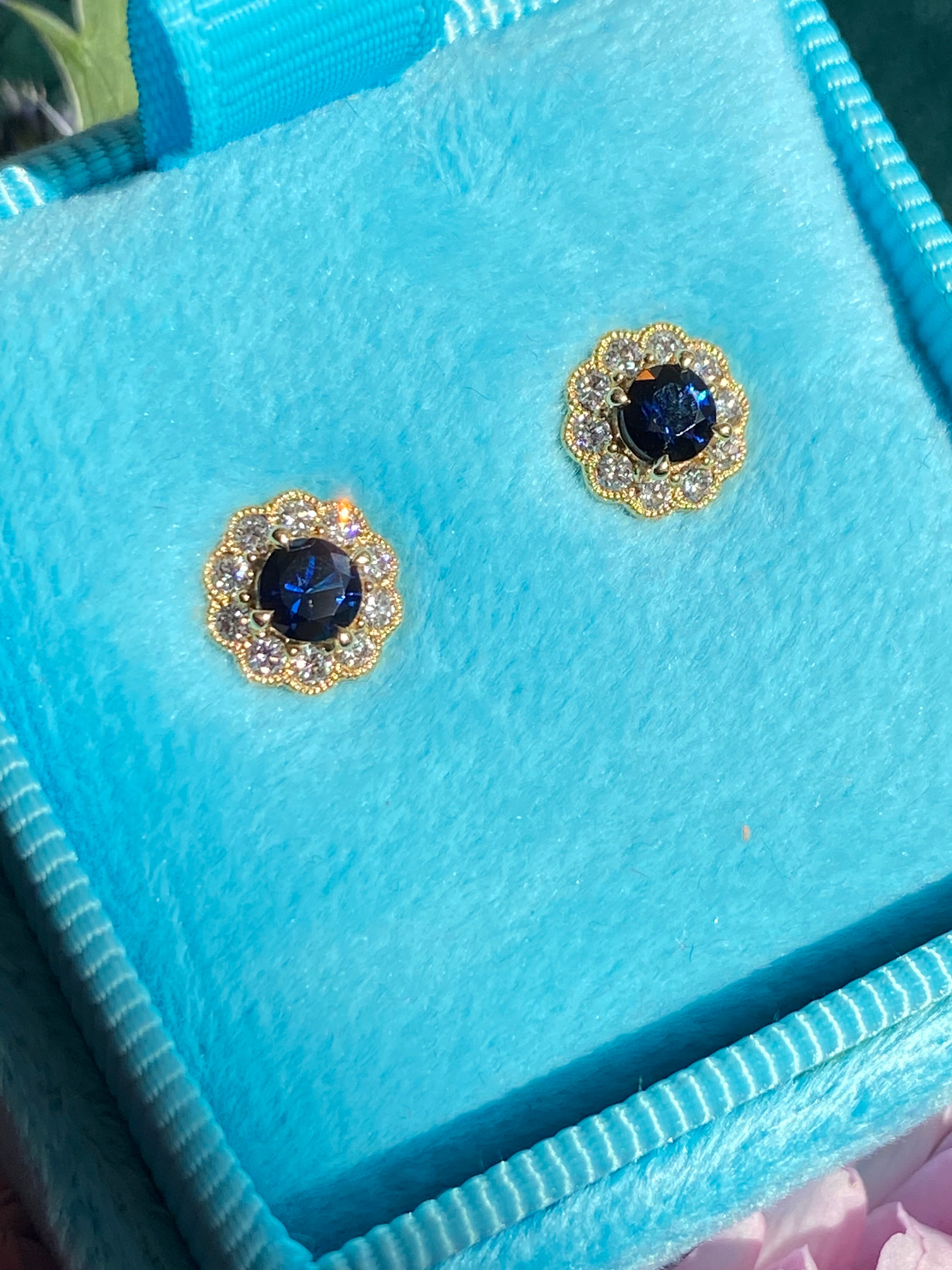 Sapphire and Natural Diamond Halo Stud Earrings in 18ct Yellow Gold