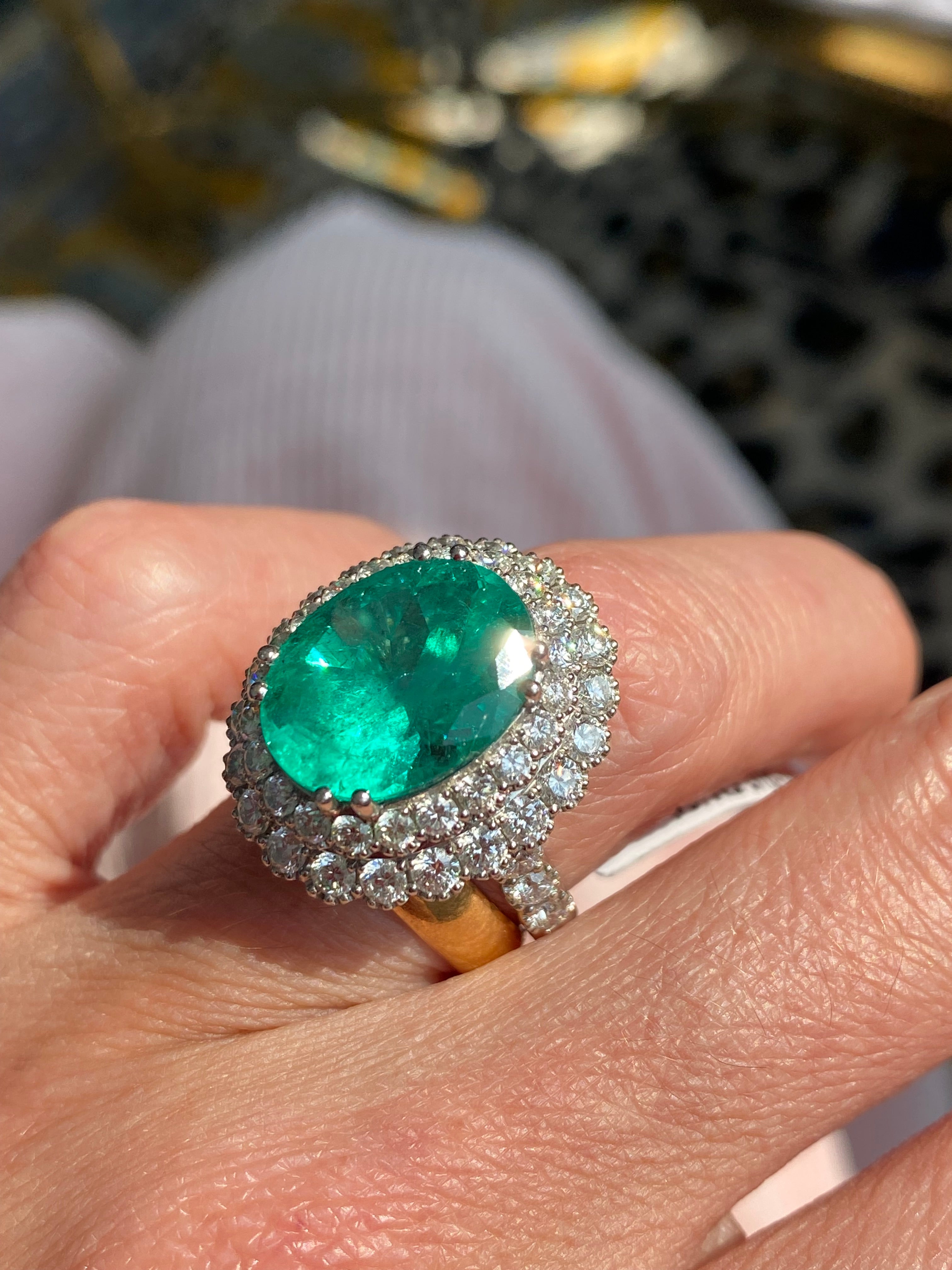 9.10 CTW Colombian Emerald and Natural Diamond Double Halo Ring in Platinum