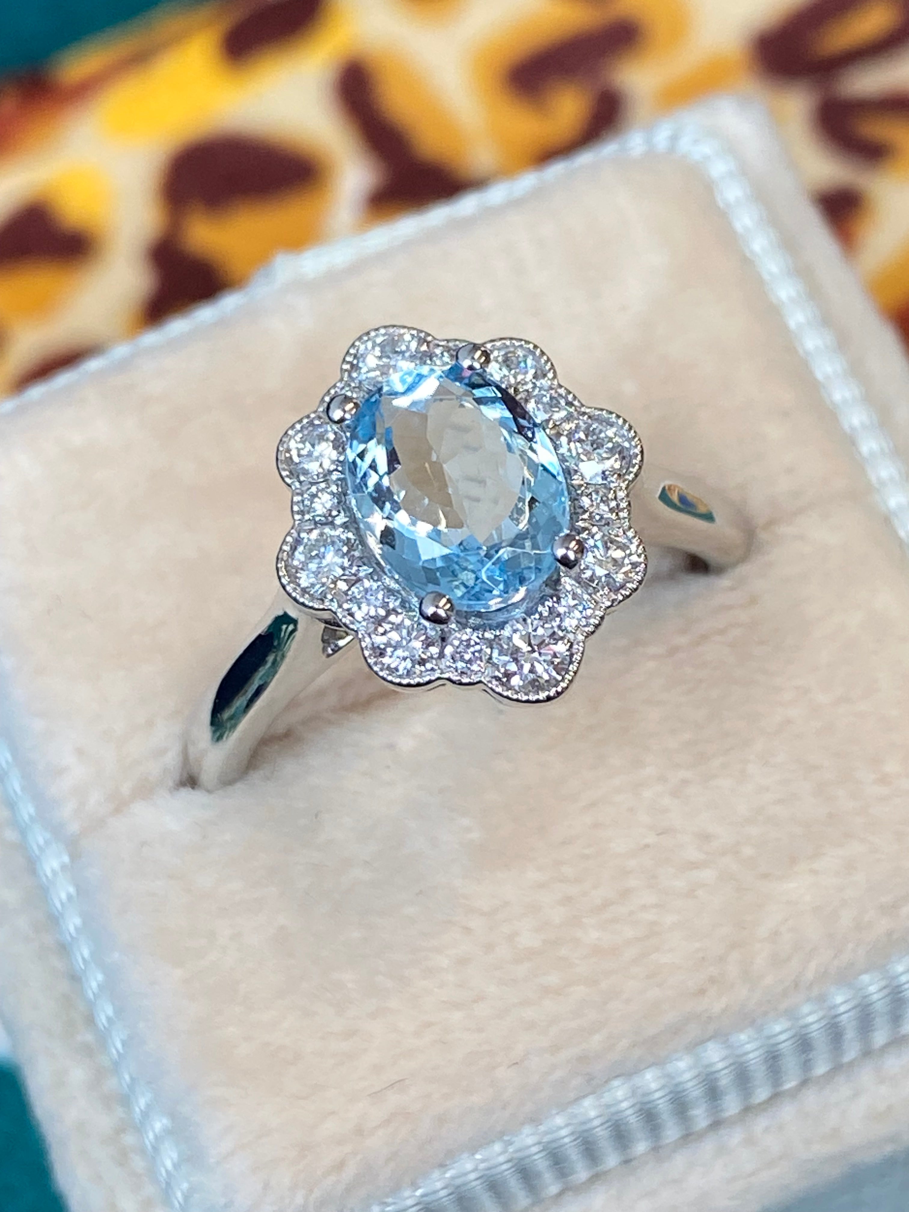 1.55 CTW Oval Cut Aquamarine and Natural Diamond Halo Engagement Ring in Platinum