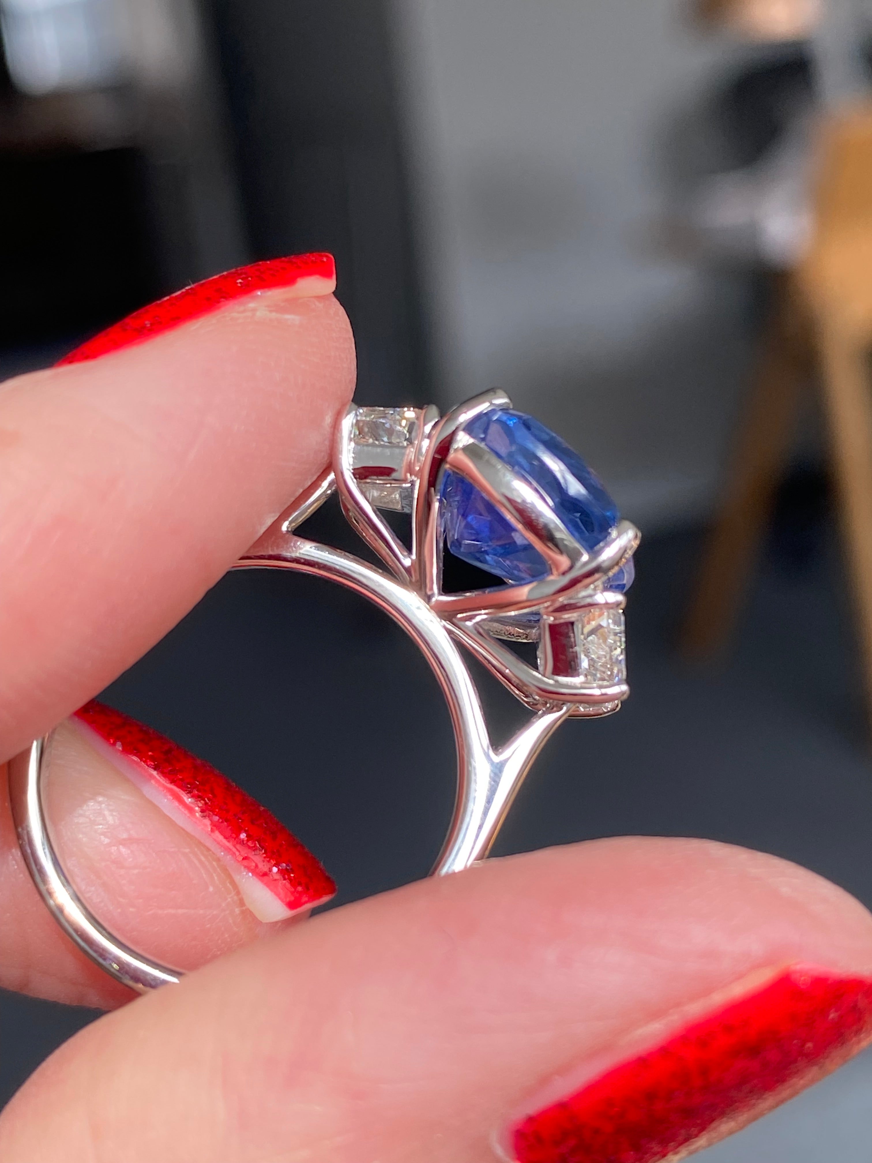 6.25 Carat Unheated Blue Ceylon Sapphire and 0.95 Carat Diamond Ring