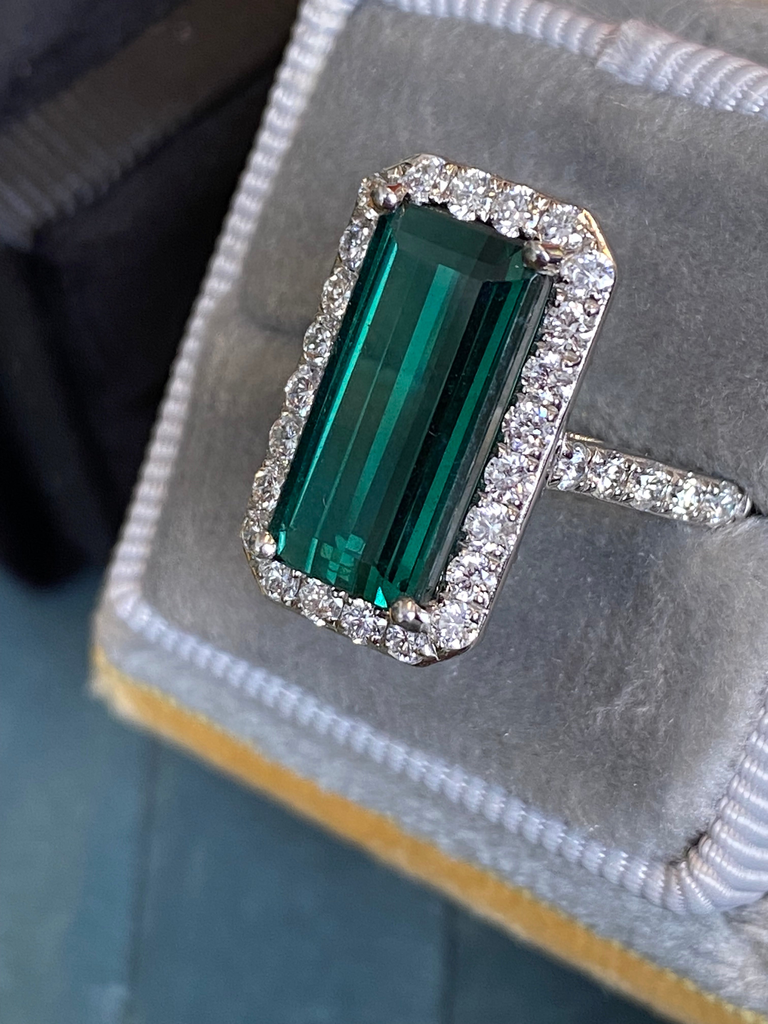 5.28 CTW Emerald Cut Green Tourmaline and Natural Diamond Ring in Platinum