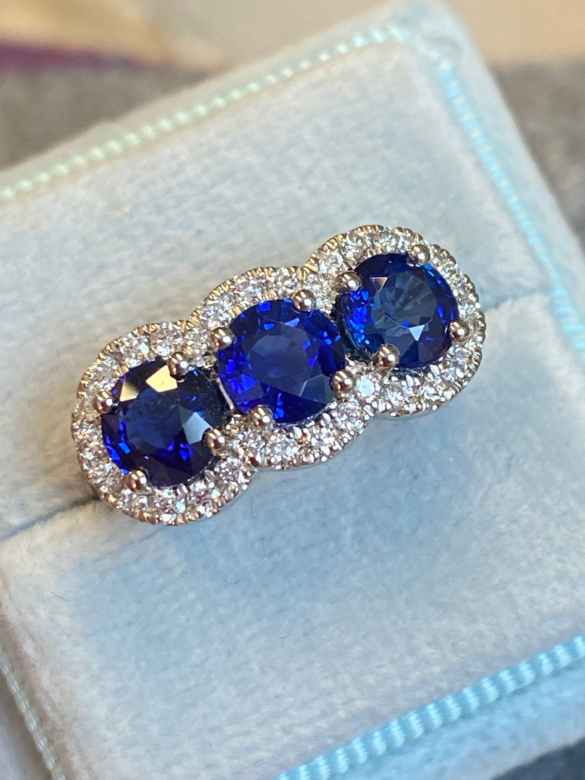 2.74 CTW Round Cut Blue Sapphire and Diamond Trilogy Ring in Platinum