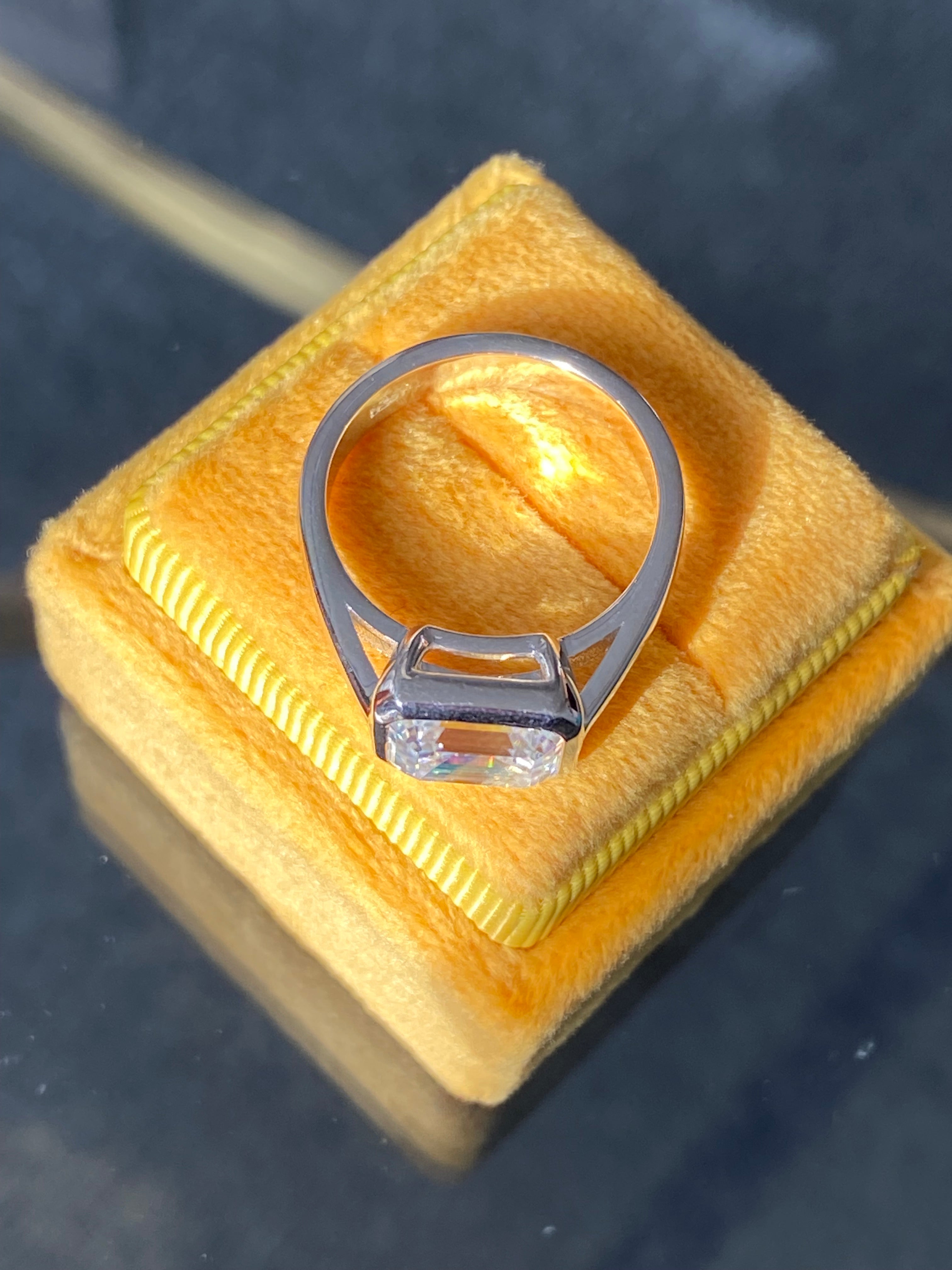 3.00 Carat Emerald Cut Moissanite East West Solitaire Ring in Sterling Silver