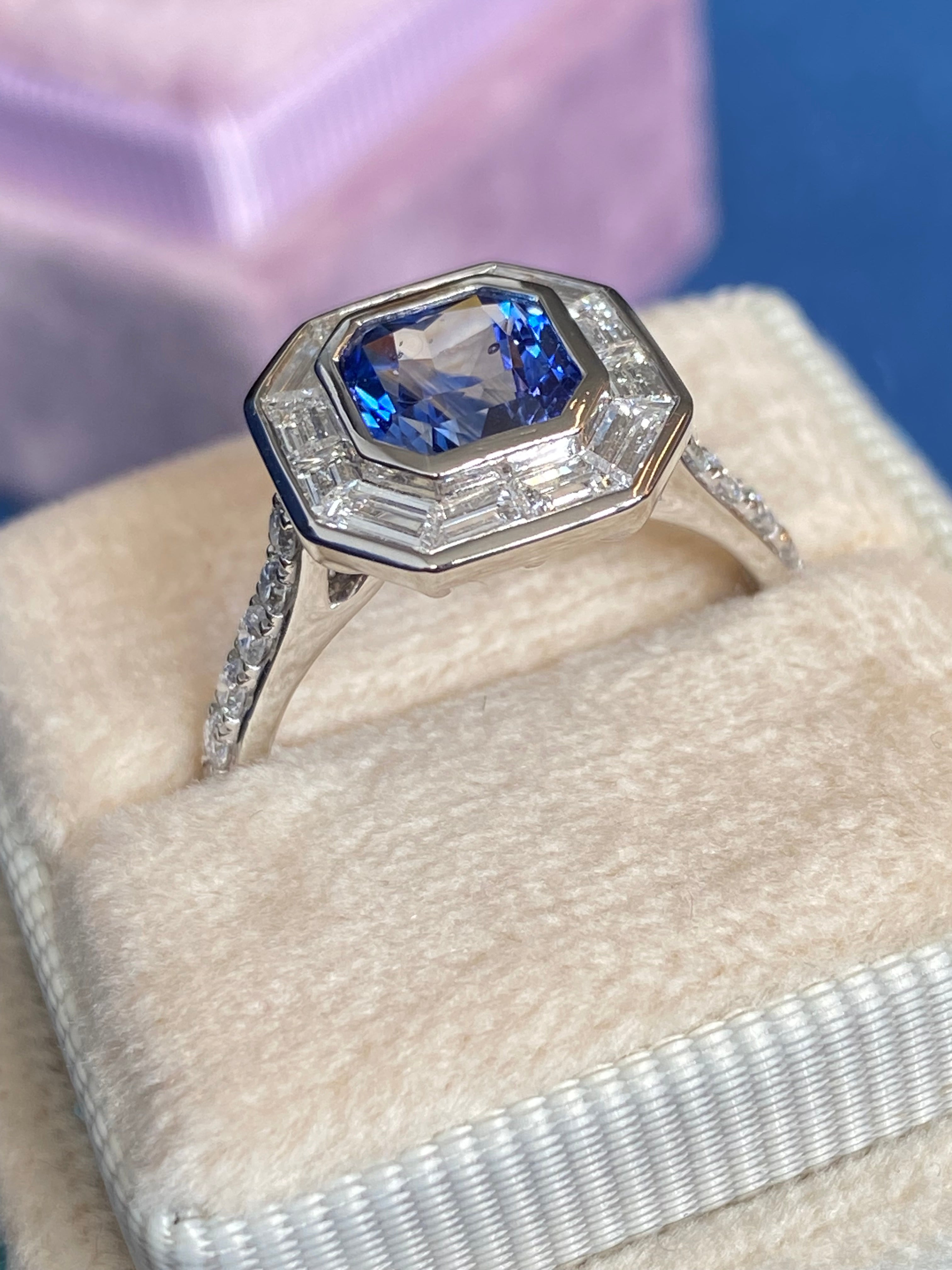 2.10 Carat Blue Ceylon Sapphire and 1.09 CTW Natural Diamond Halo Ring in Platinum