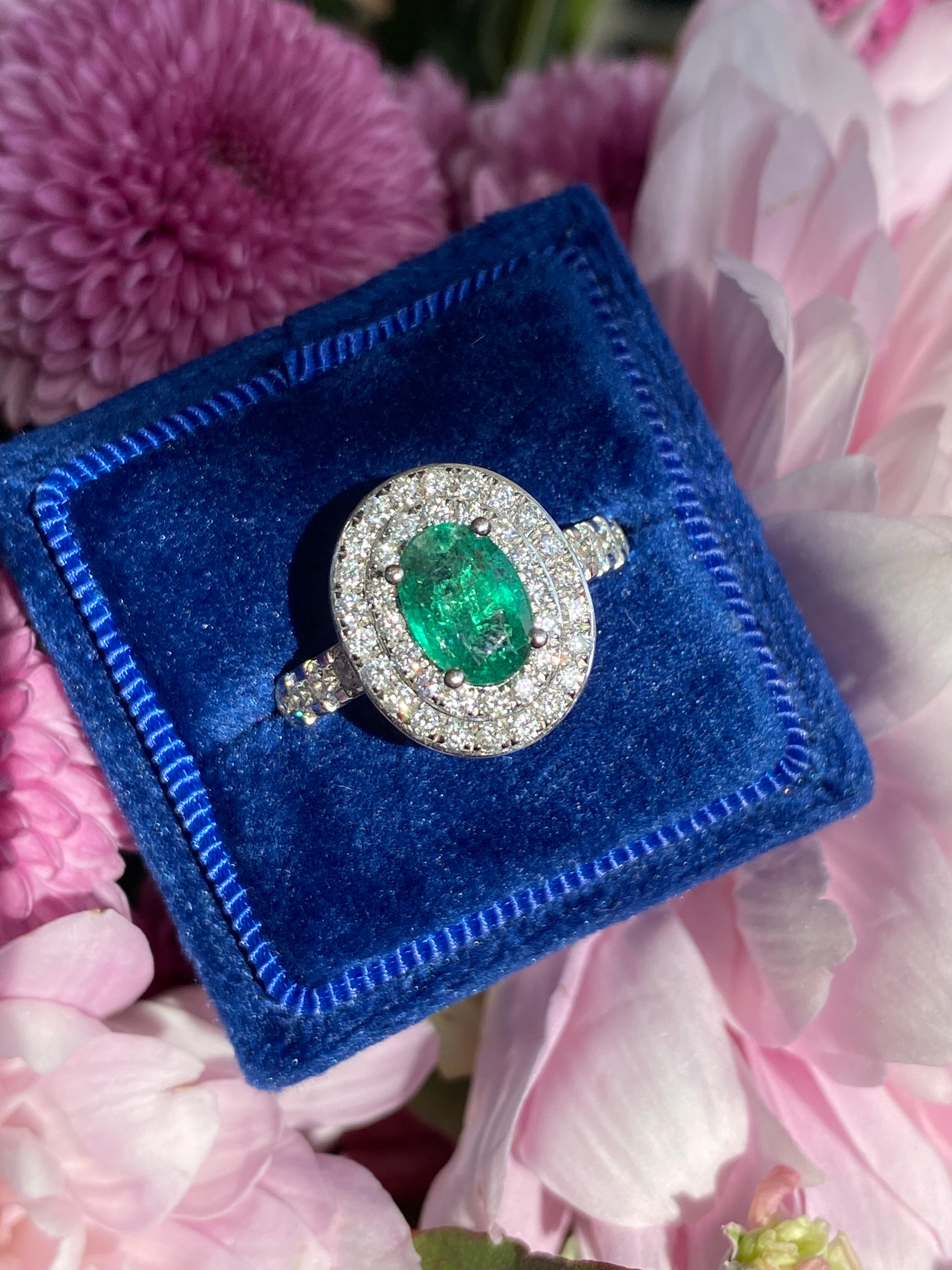 2.22 Ctw Emerald and Natural Diamond Double Halo Ring in Platinum