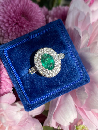 2.22 Ctw Emerald and Natural Diamond Double Halo Ring in Platinum