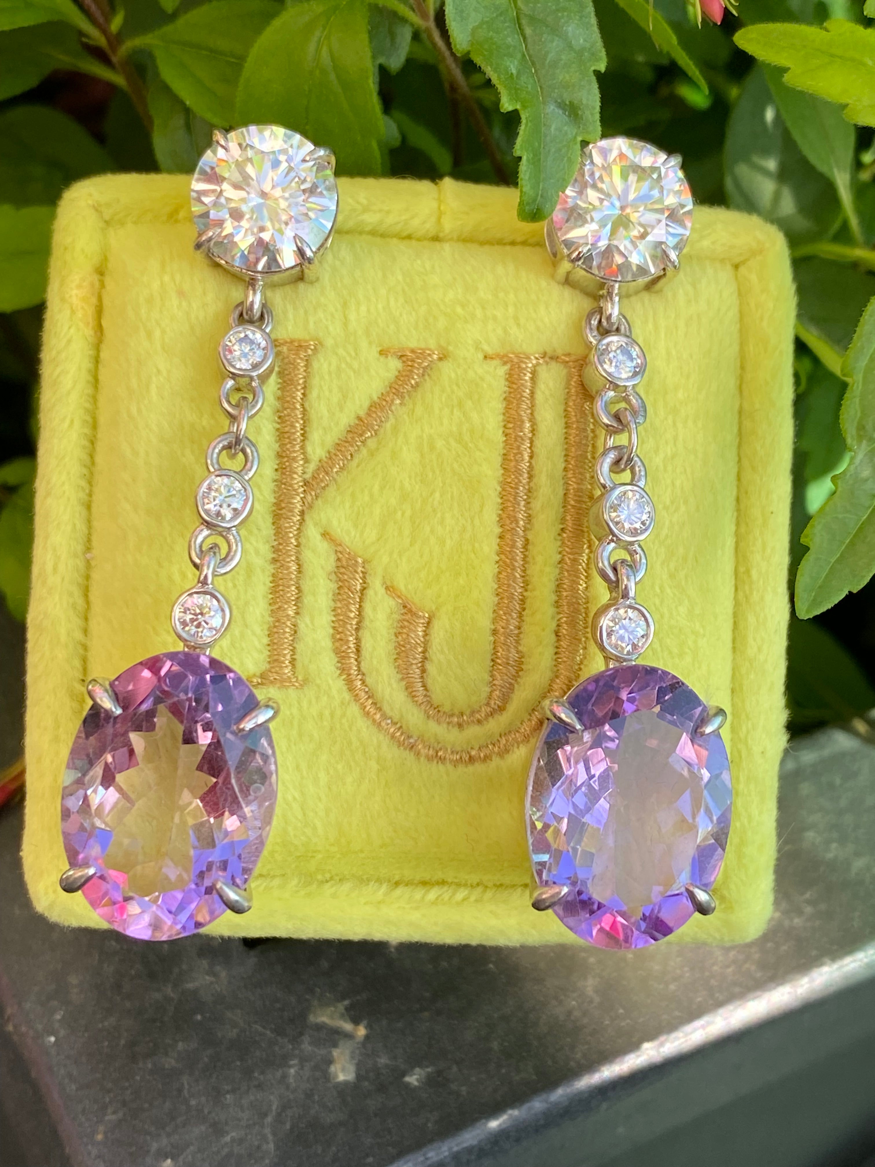 28.00 Carat Oval Cut Rose de France Amethyst and Moissanite Earrings in Sterling Silver