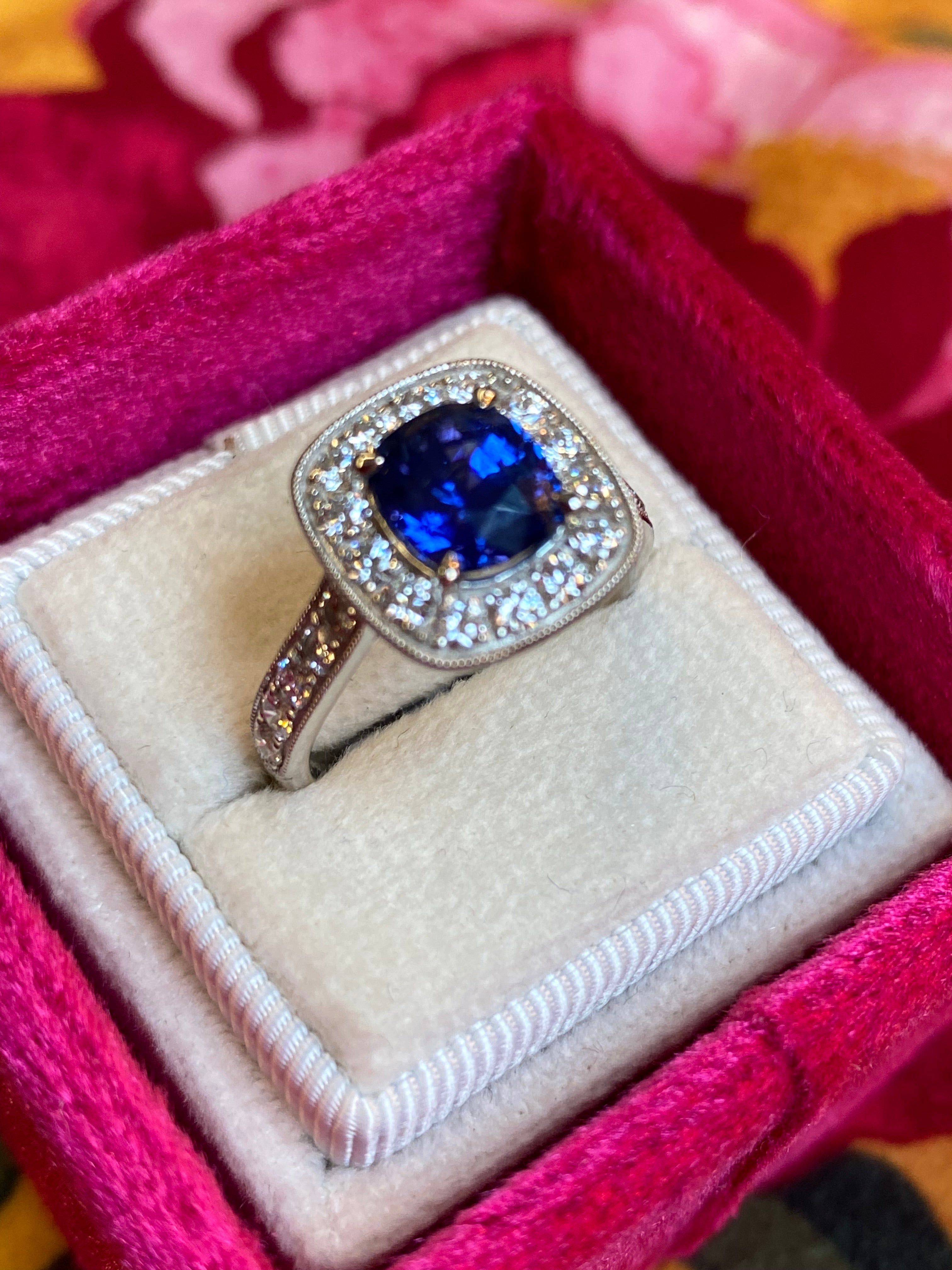 2.24 Carat Blue Ceylon Sapphire and Natural Diamond Halo Ring in Platinum