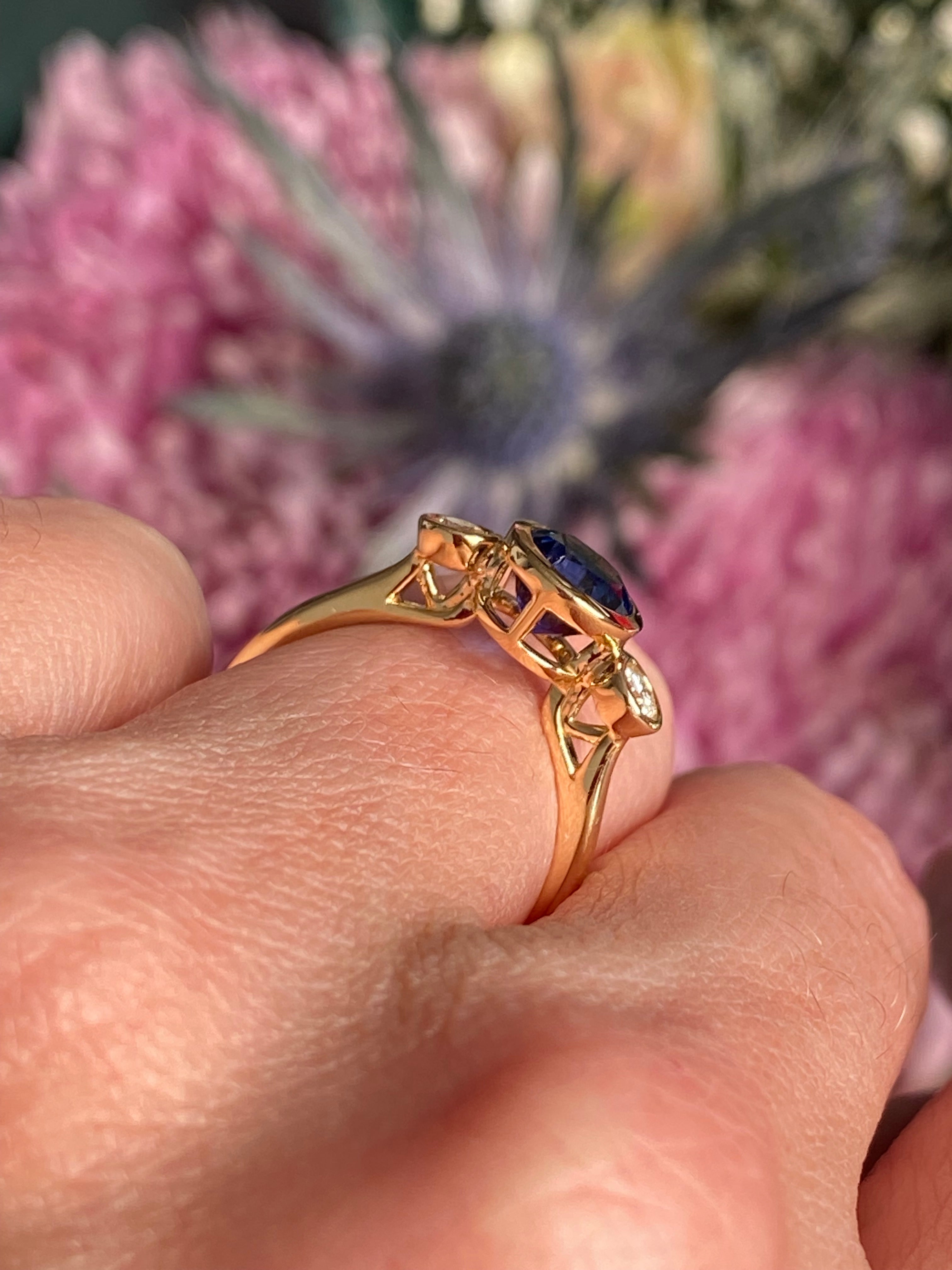 1.41 Carat Blue Ceylon Sapphire and 0.18 CTW Natural Diamond Halo Ring in 18ct Yellow Gold