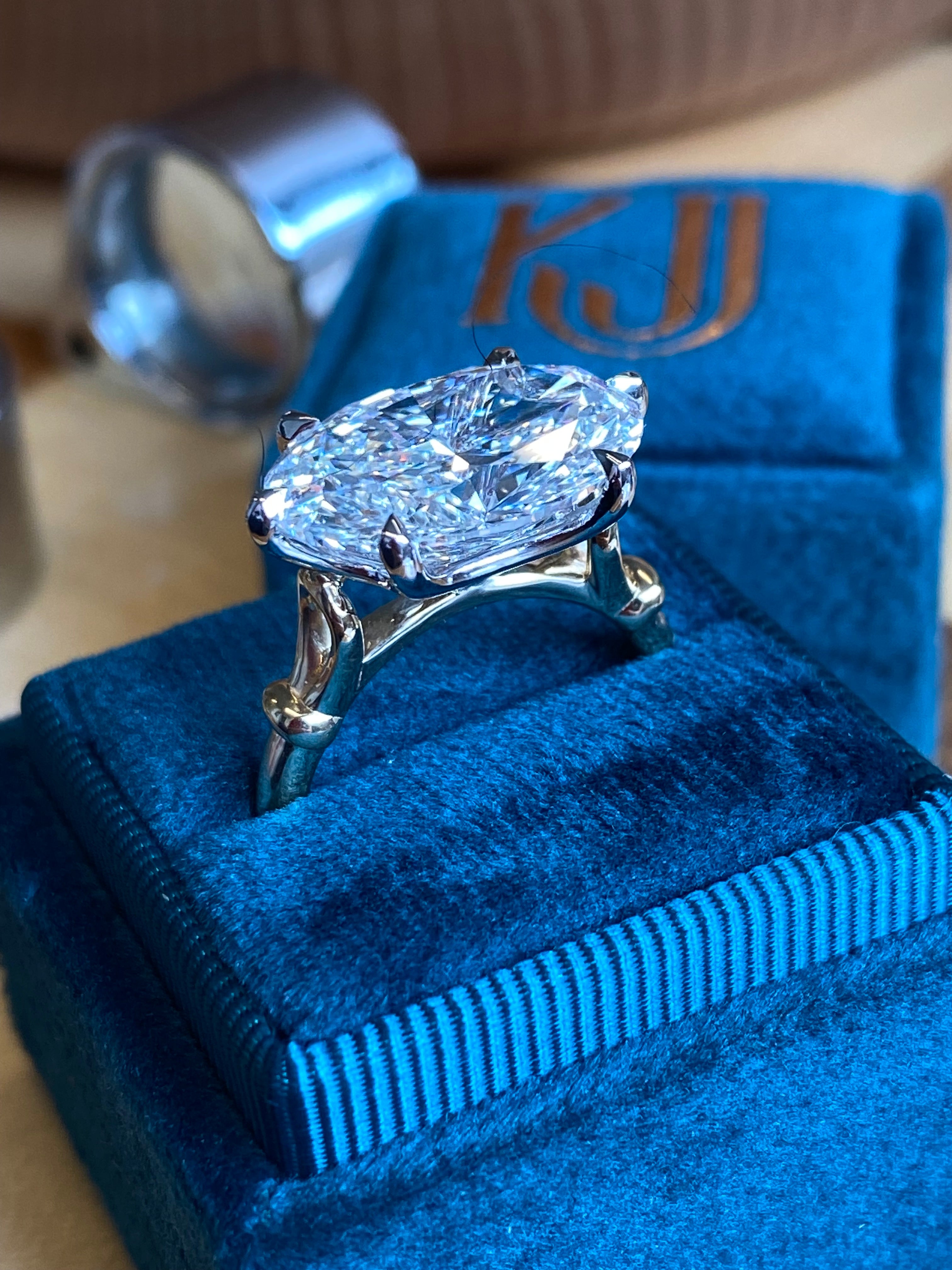 8.01 Carat Oval Cut Lab Diamond East West Solitaire Engagement Ring in 18ct Yellow Gold and Platinum