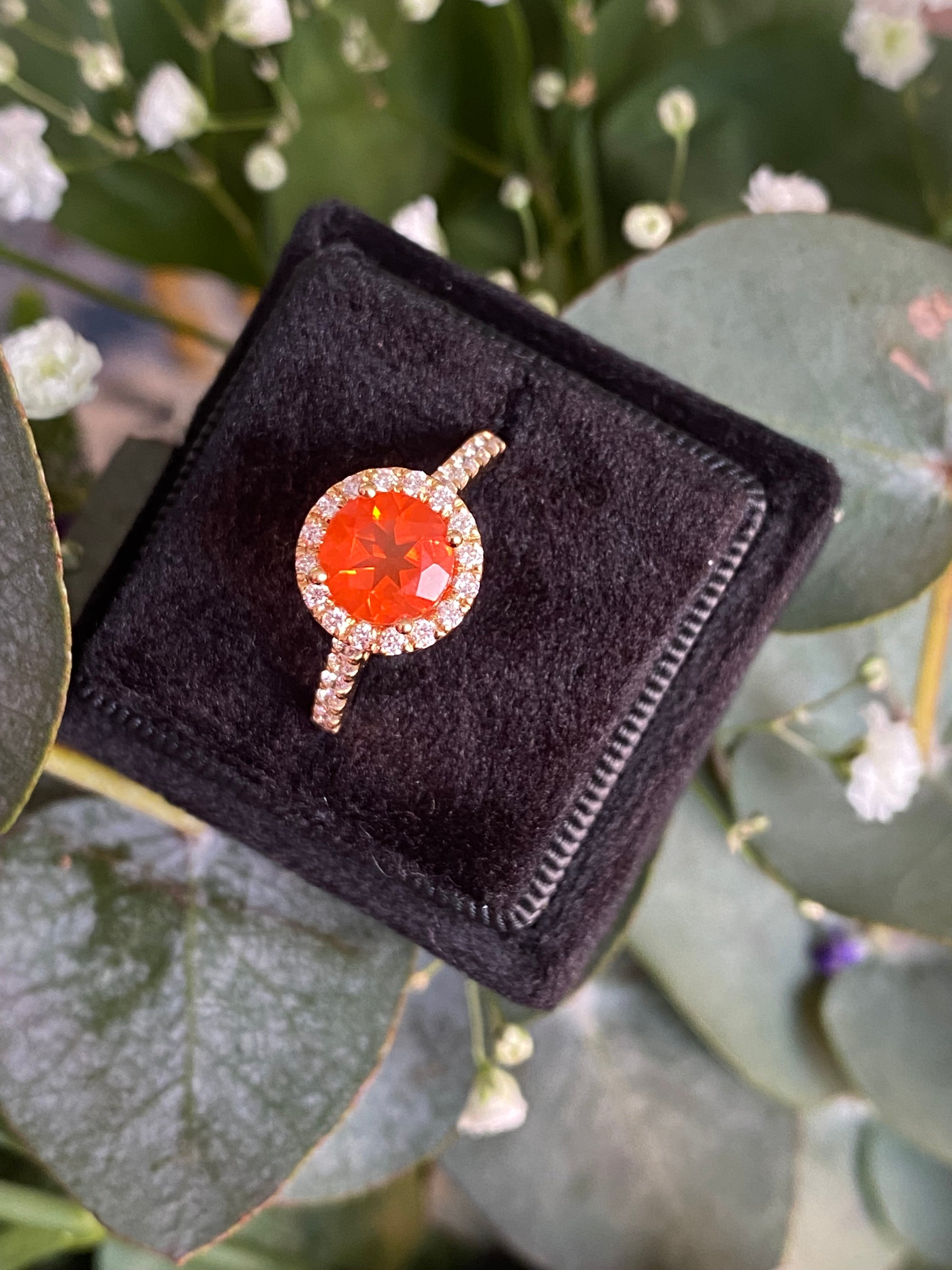 1.37 CTW Fire Opal and Natural Diamond Halo Ring in 18ct Yellow Gold