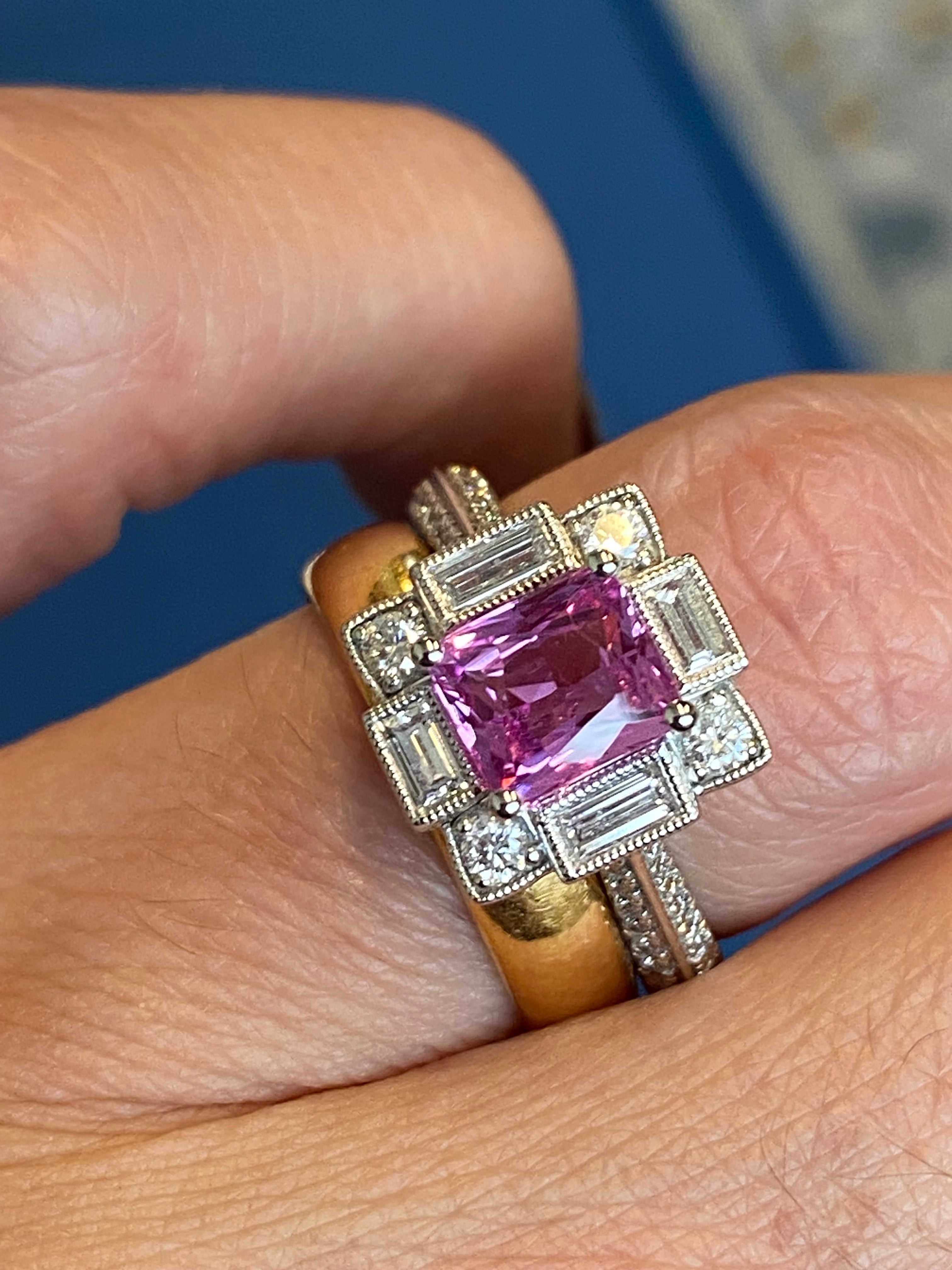 Candy Pink Sapphire Art Deco Style Ring in Platinum