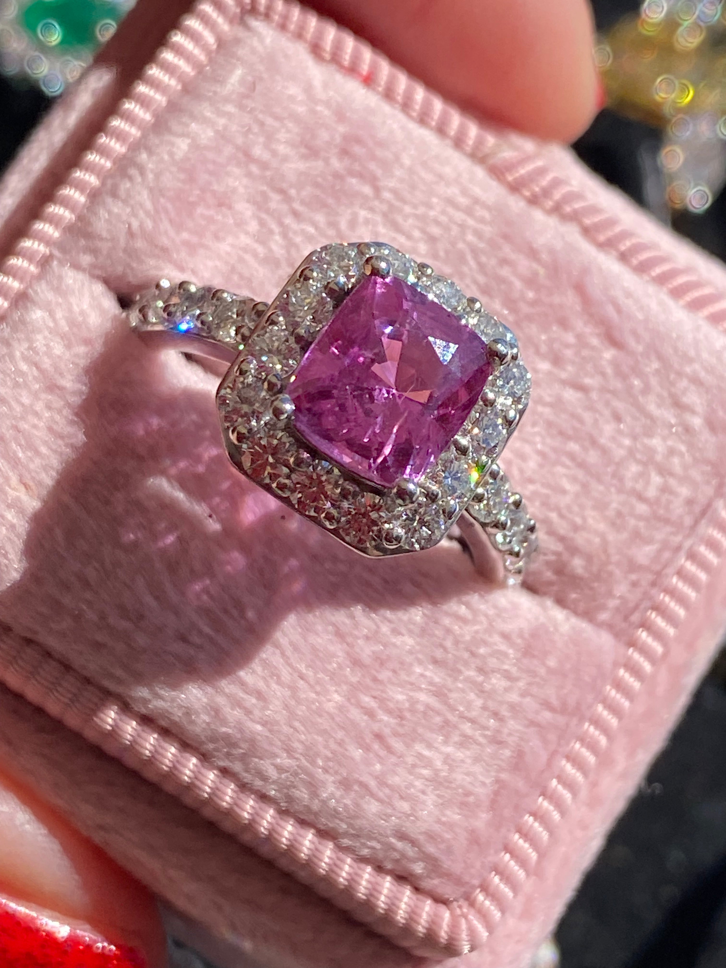 3.08 CTW Cushion Cut Pink Sapphire and Natural Diamond Art Deco Style Ring in Platinum