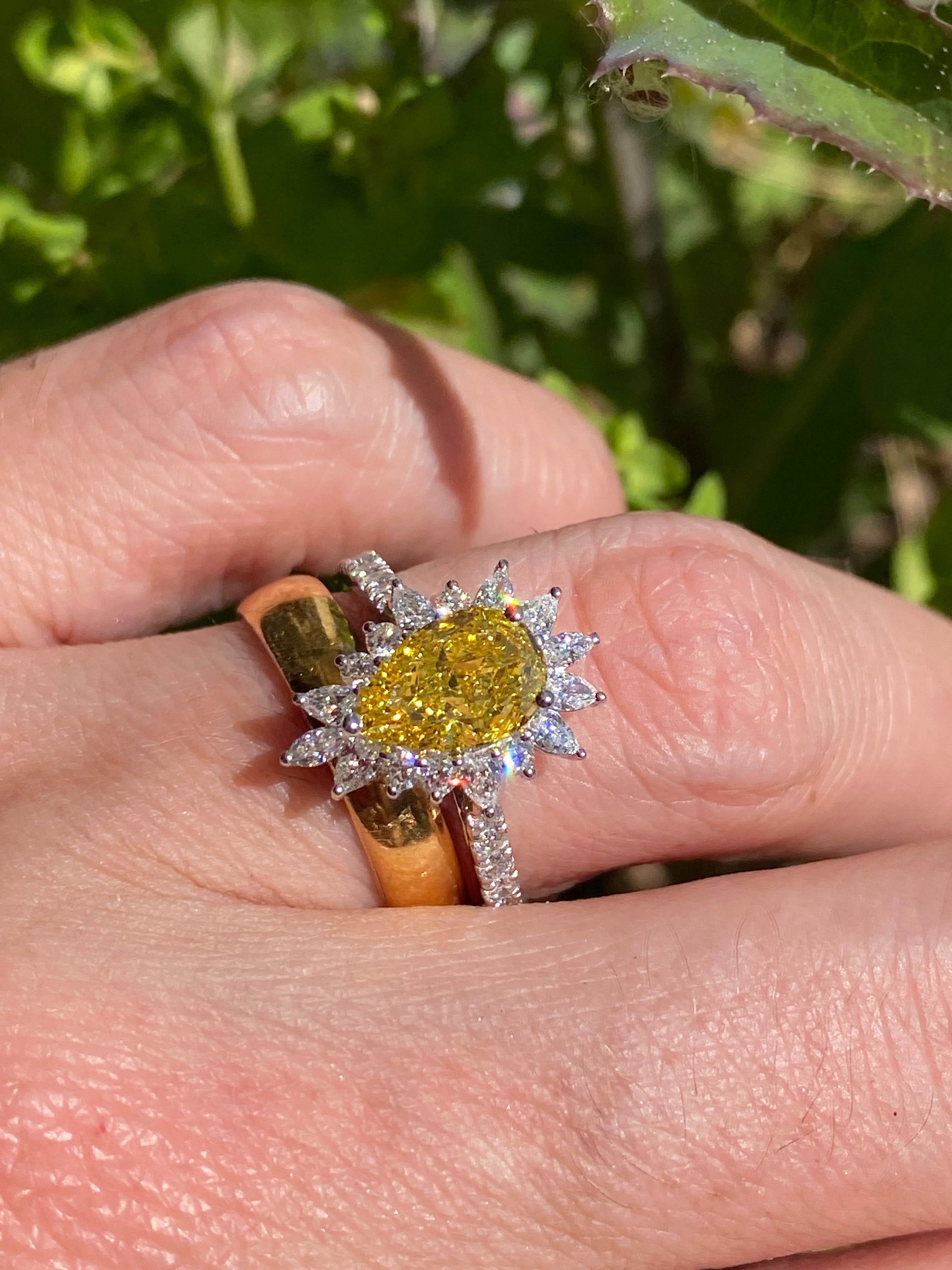 2.35 CTW Pear Cut Fancy Yellow Lab Diamond Halo Engagement Ring in Platinum
