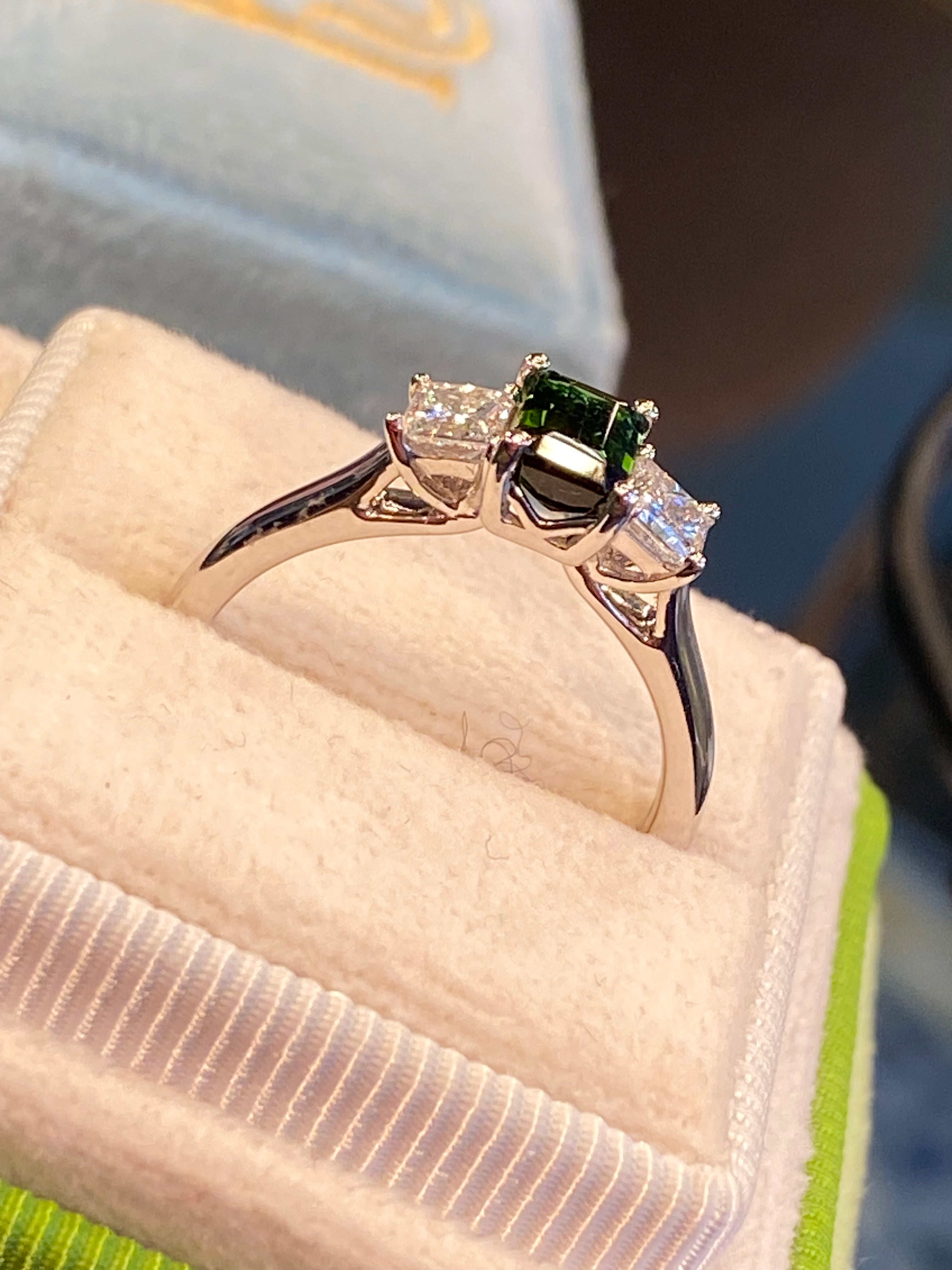 Beautiful Green Tourmaline and Natural Diamond Three Stone Ring in Platinum