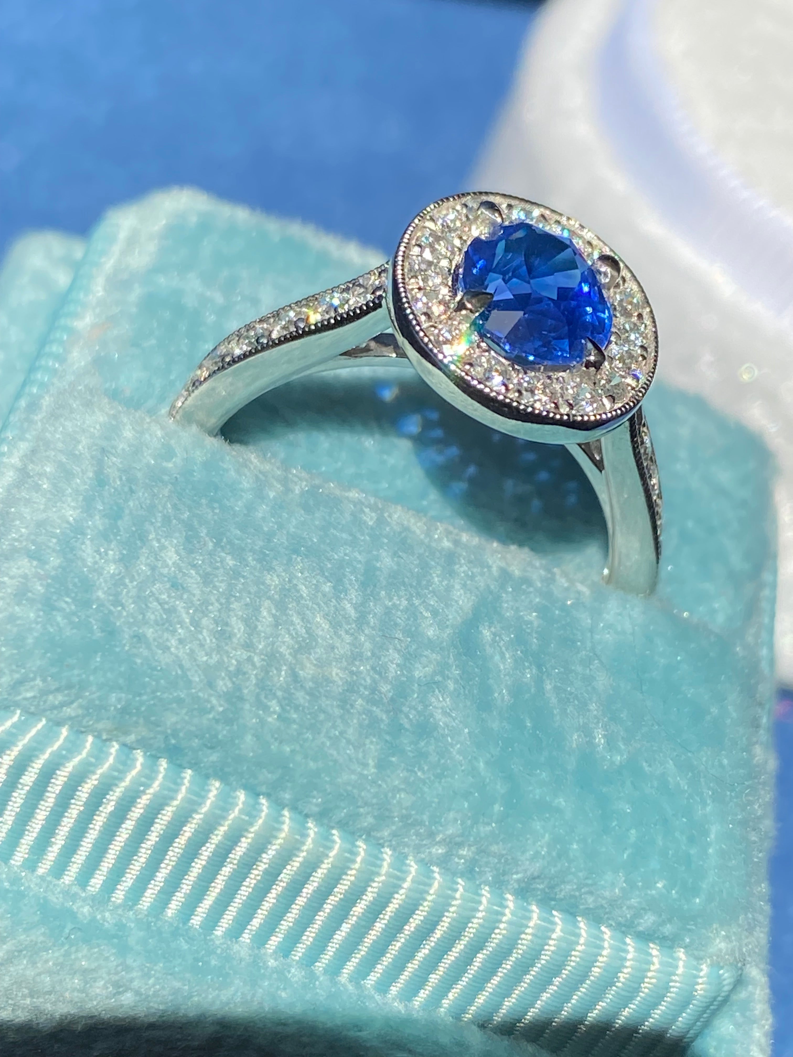 1.98 CTW Blue Ceylon Sapphire and Natural Diamond Halo Ring in Platinum