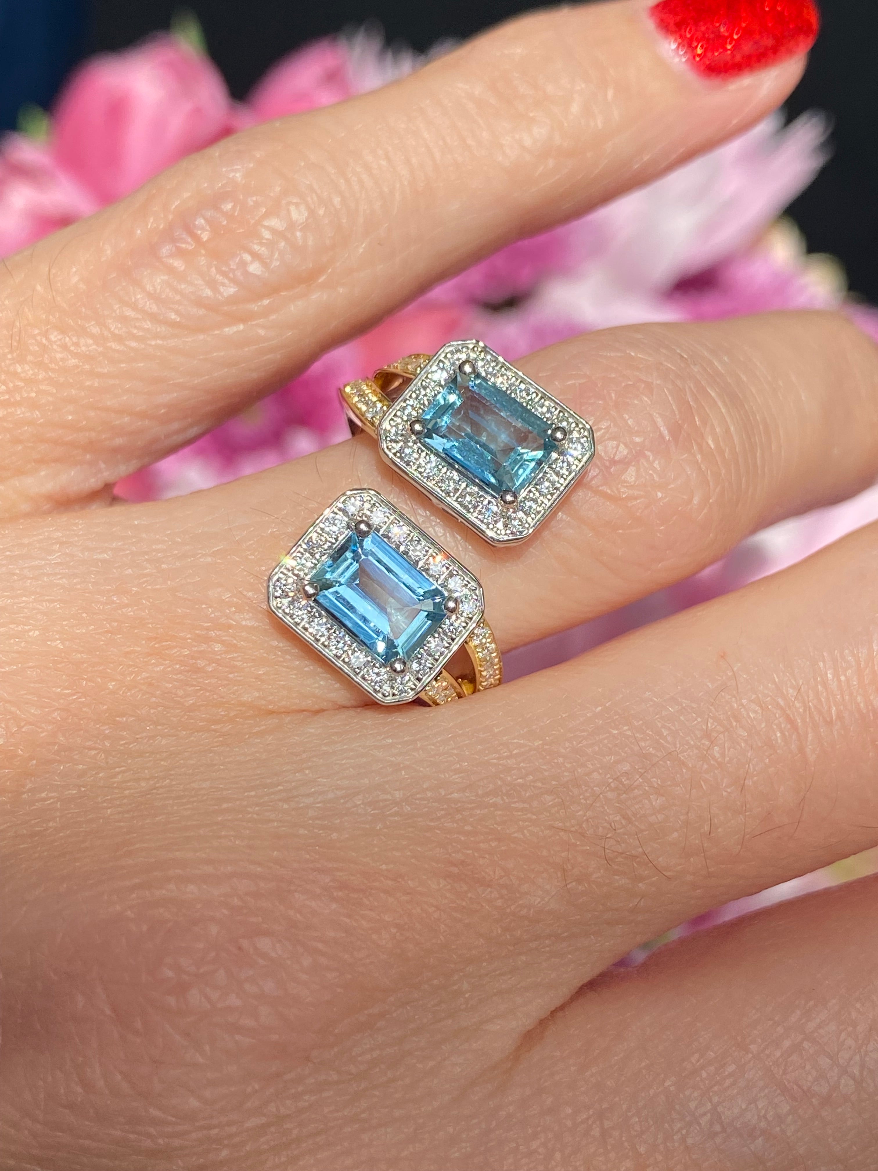 2.25ctw Aquamarine and Natural Diamond Toi et Moi Ring in Platinum and 18ct Yellow Gold