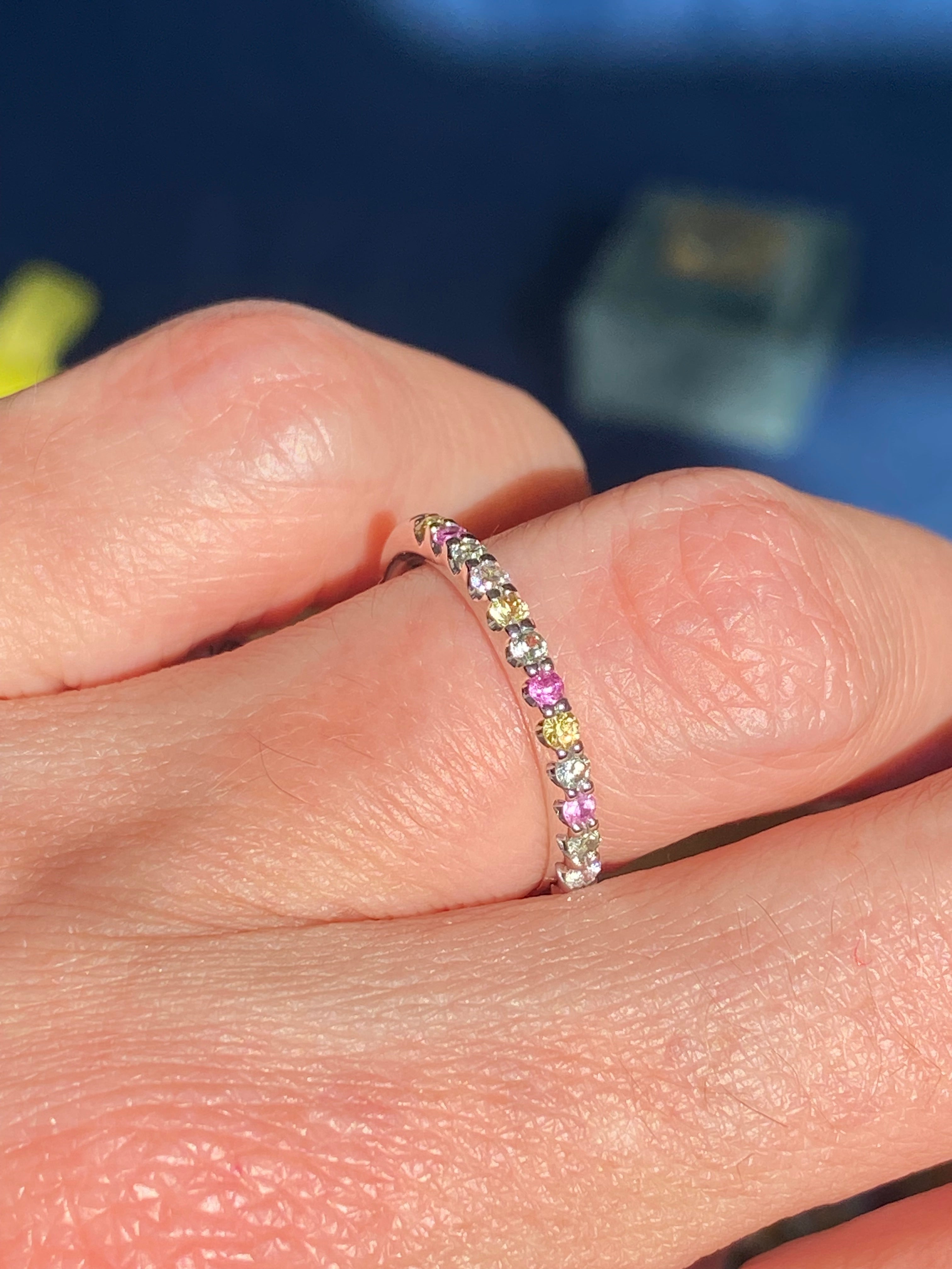 0.37 CTW Sweetshop Yellow, Pink, and Green Sapphire, and Natural Diamond Eternity Ring in 18ct White Gold