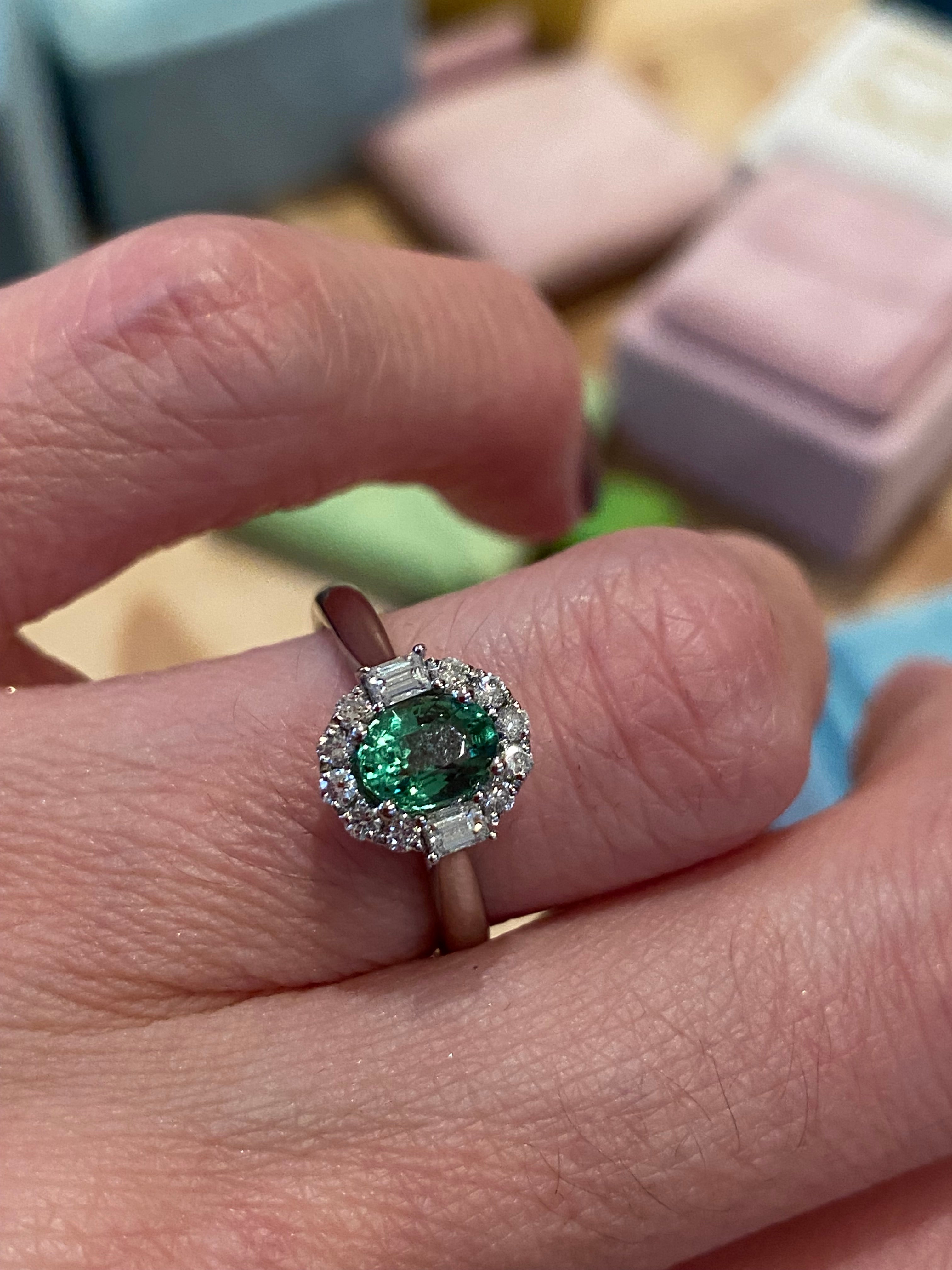 0.94 CTW Oval Cut Green Tourmaline and Natural Diamond Halo Ring in Platinum