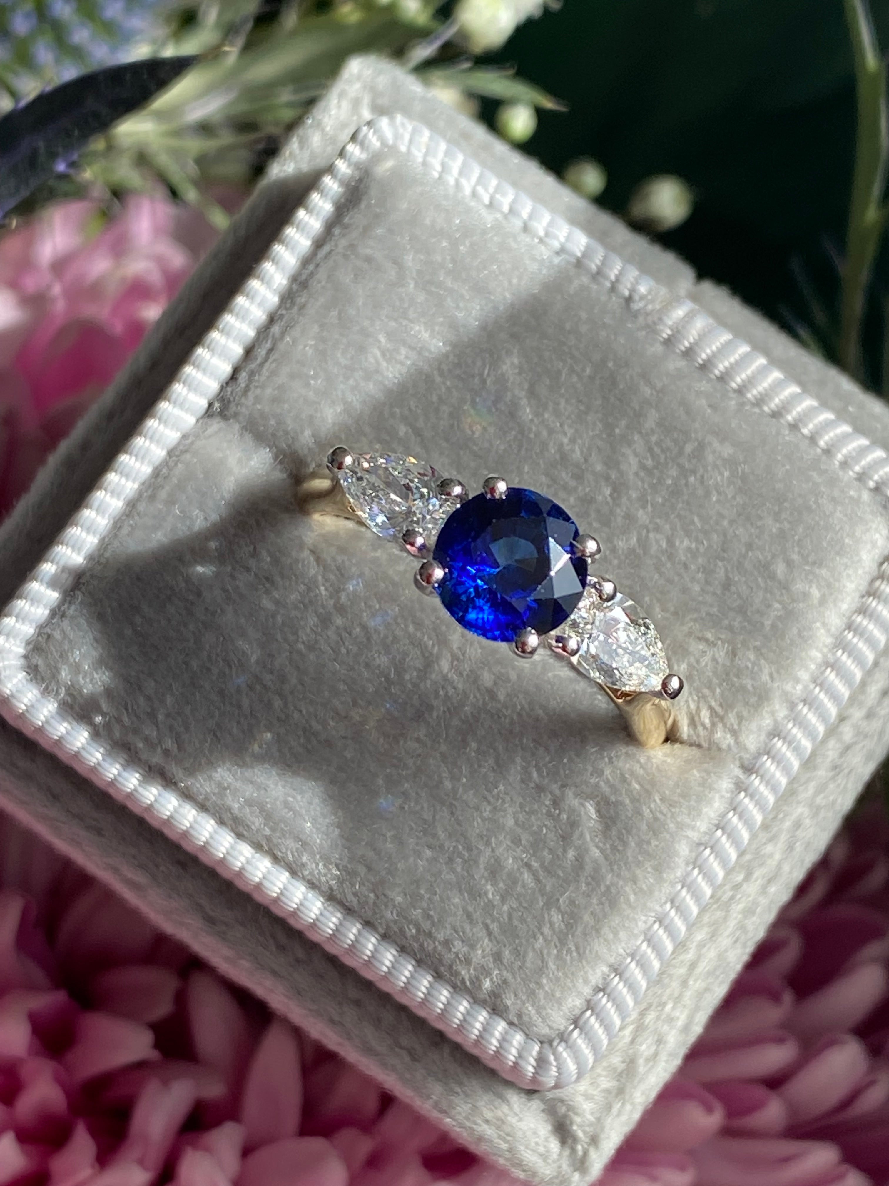 1.52 CTW Blue Ceylon Sapphire and Natural Diamond Three Stone Engagement Ring in Platinum and 18ct Yellow Gold