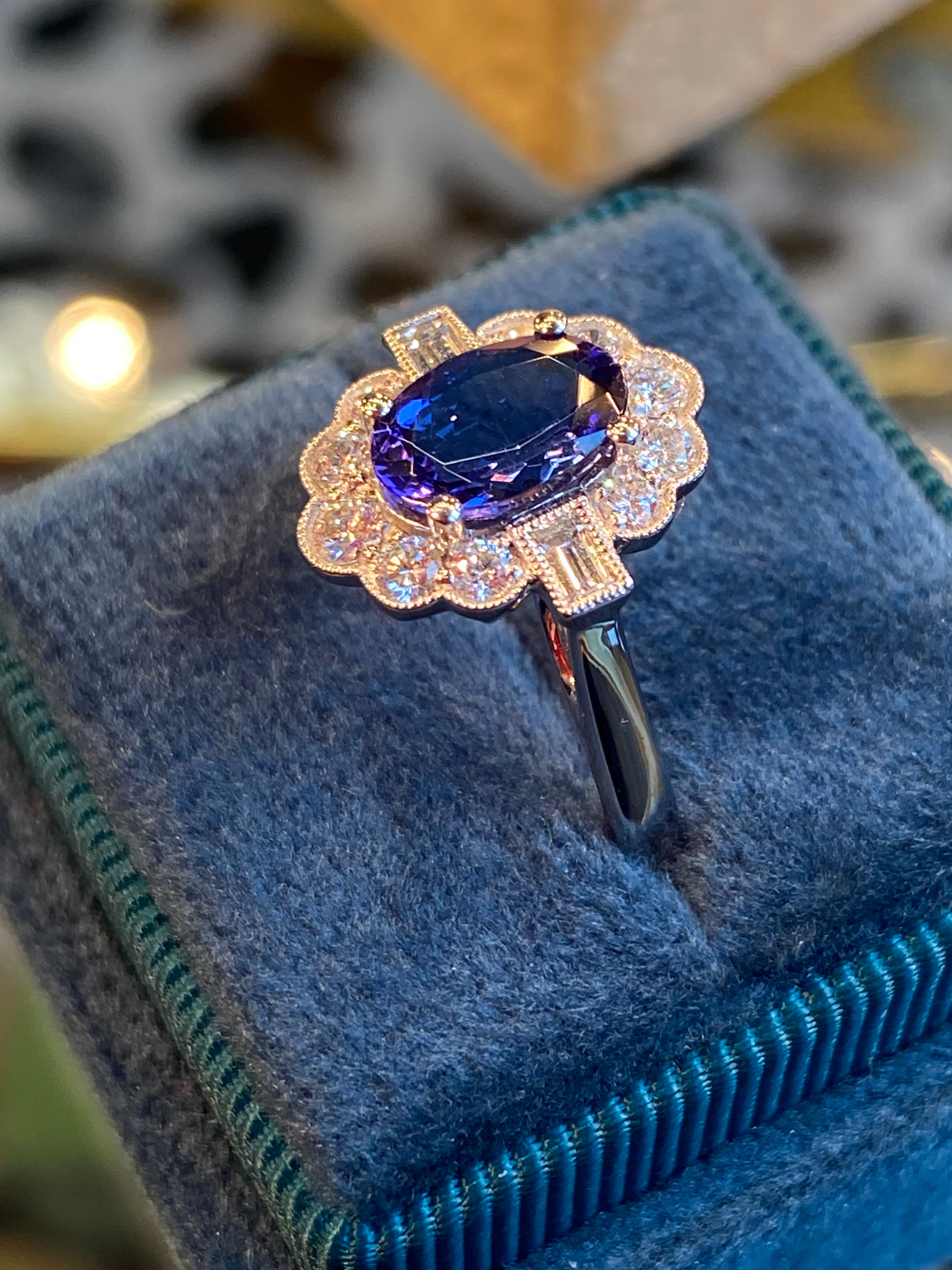 1.86 CTW Tanzanite and Natural Diamond Art Deco Style Ring in Platinum