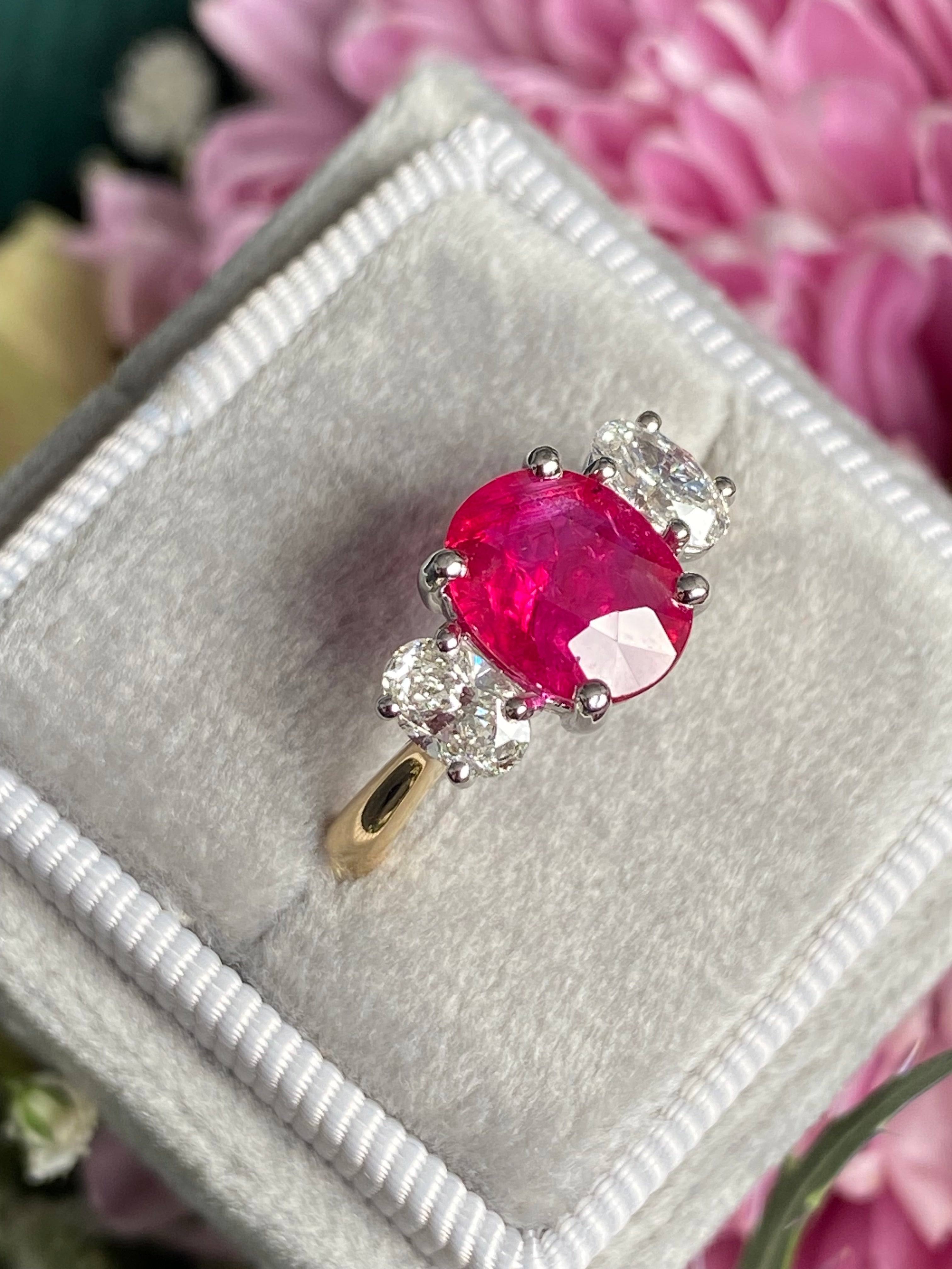 2.03 Carat Ruby and Natural Diamond Three Stone Ring in Platinum and 18ct Yellow Gold