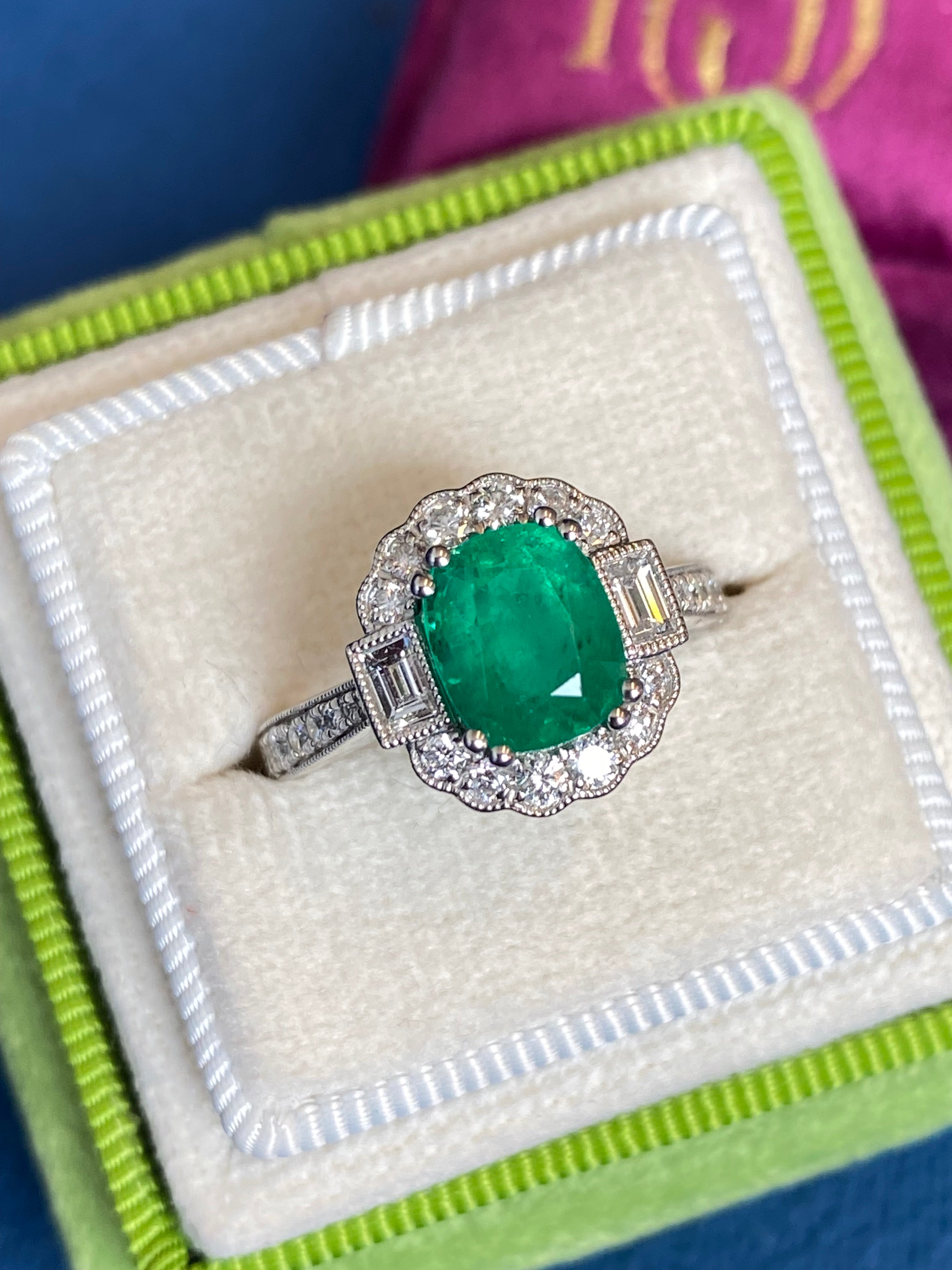 2.02 Carat Cushion Cut Emerald and 0.65 CTW Natural Diamond Halo Ring in Platinum