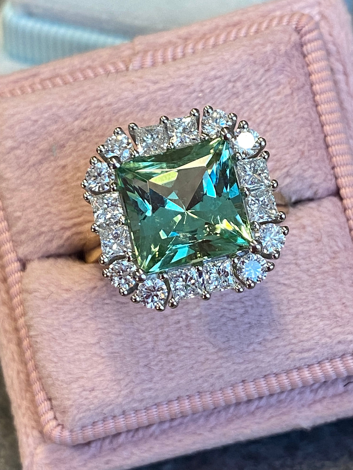 4.73 CTW Princess Cut Mint Tourmaline and Natural Diamond Ring in Platinum and 18ct Yellow Gold
