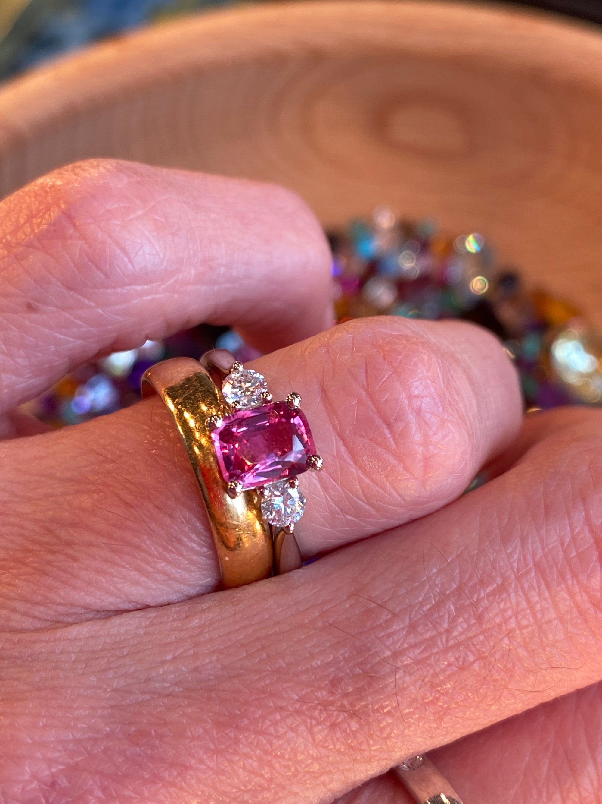 1.52 CTW Cushion Cut Ruby and Natural Diamond Three-Stone Engagement Ring in Platinum