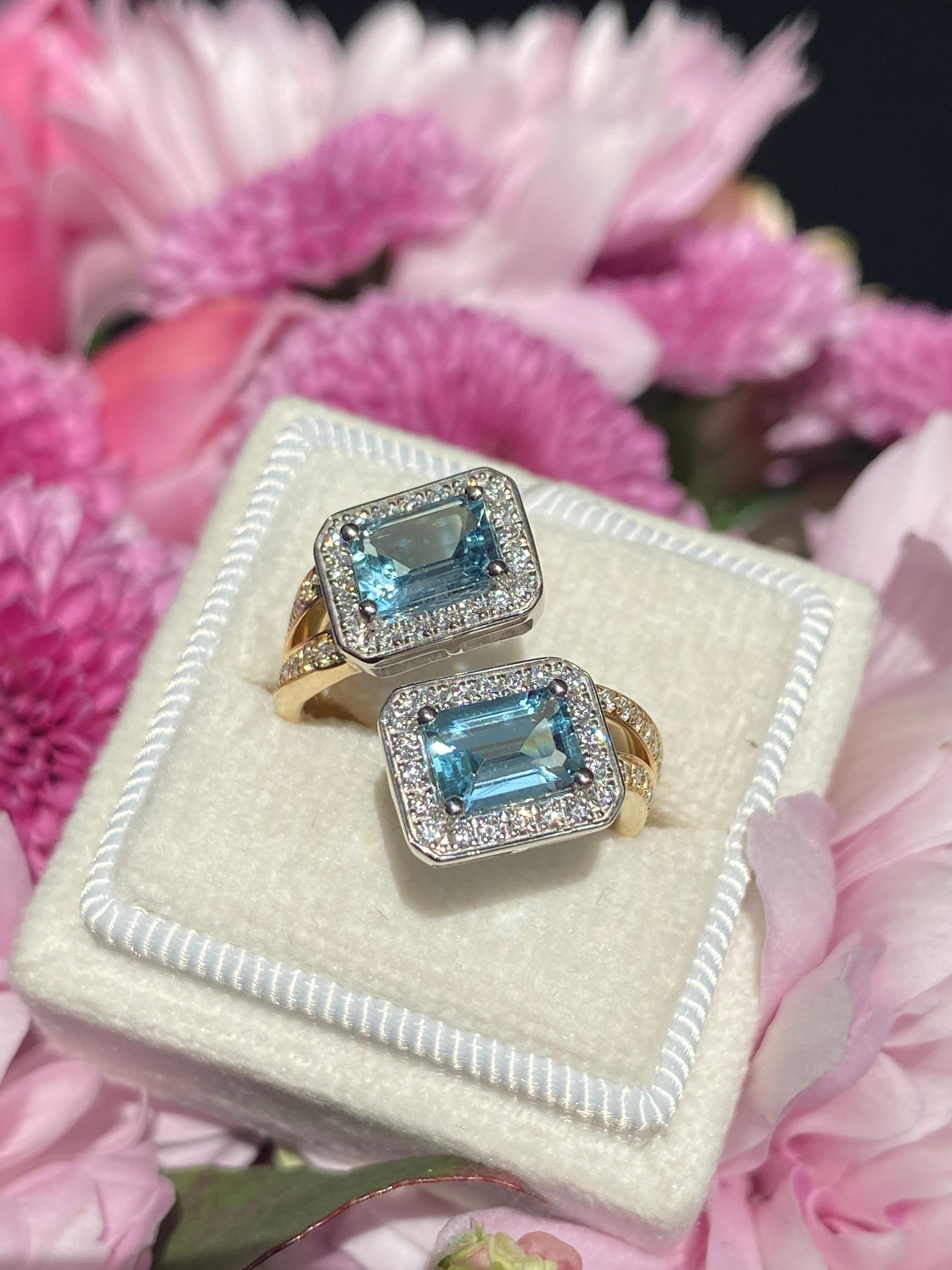 2.25ctw Aquamarine and Natural Diamond Toi et Moi Ring in Platinum and 18ct Yellow Gold