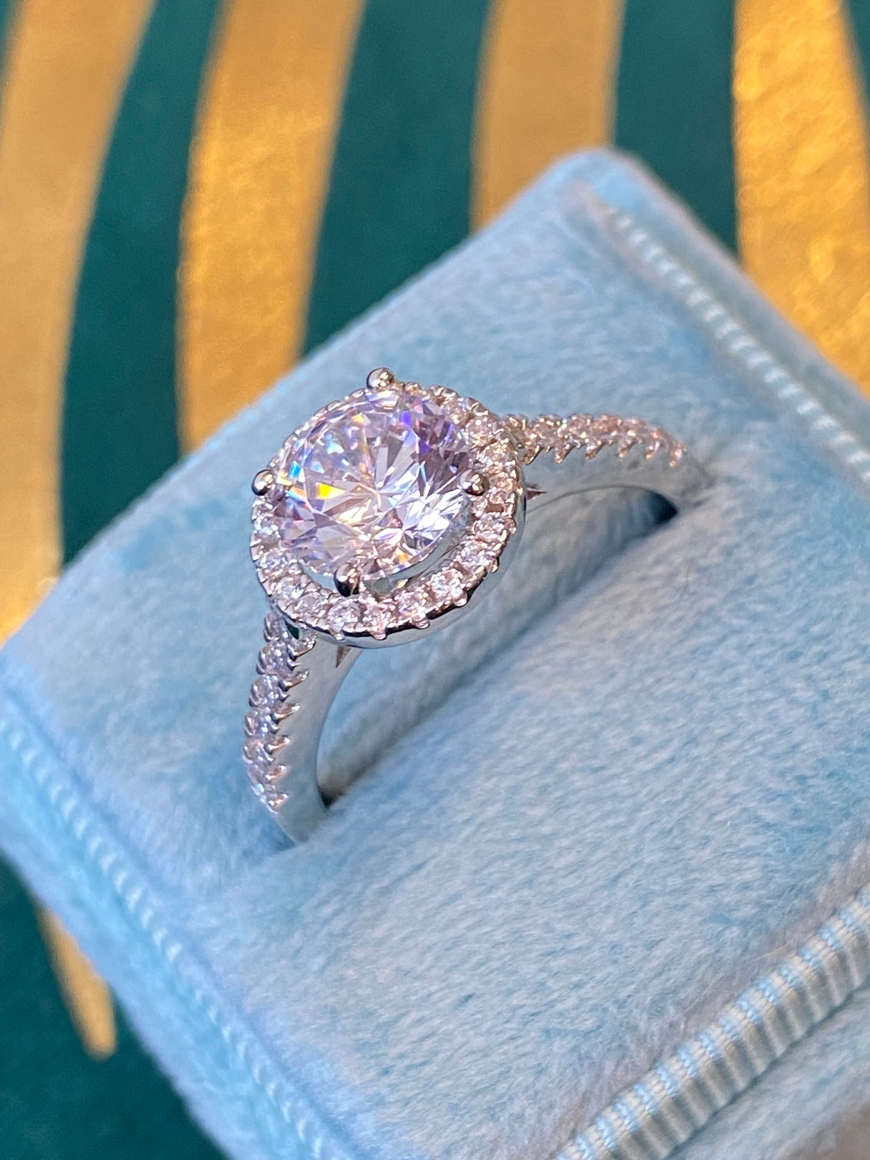 Round Cut Moissanite Halo Engagement and Wedding / Eternity Ring Set in Sterling Silver