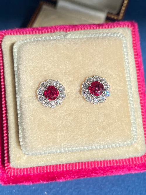 0.97 CTW Ruby and Natural Diamond Stud Earrings in 18ct White Gold