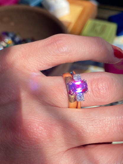 2.16 Carat Purple Sapphire and 0.38ctw Natural Diamond Three Stone Ring in Platinum and 18ct Gold
