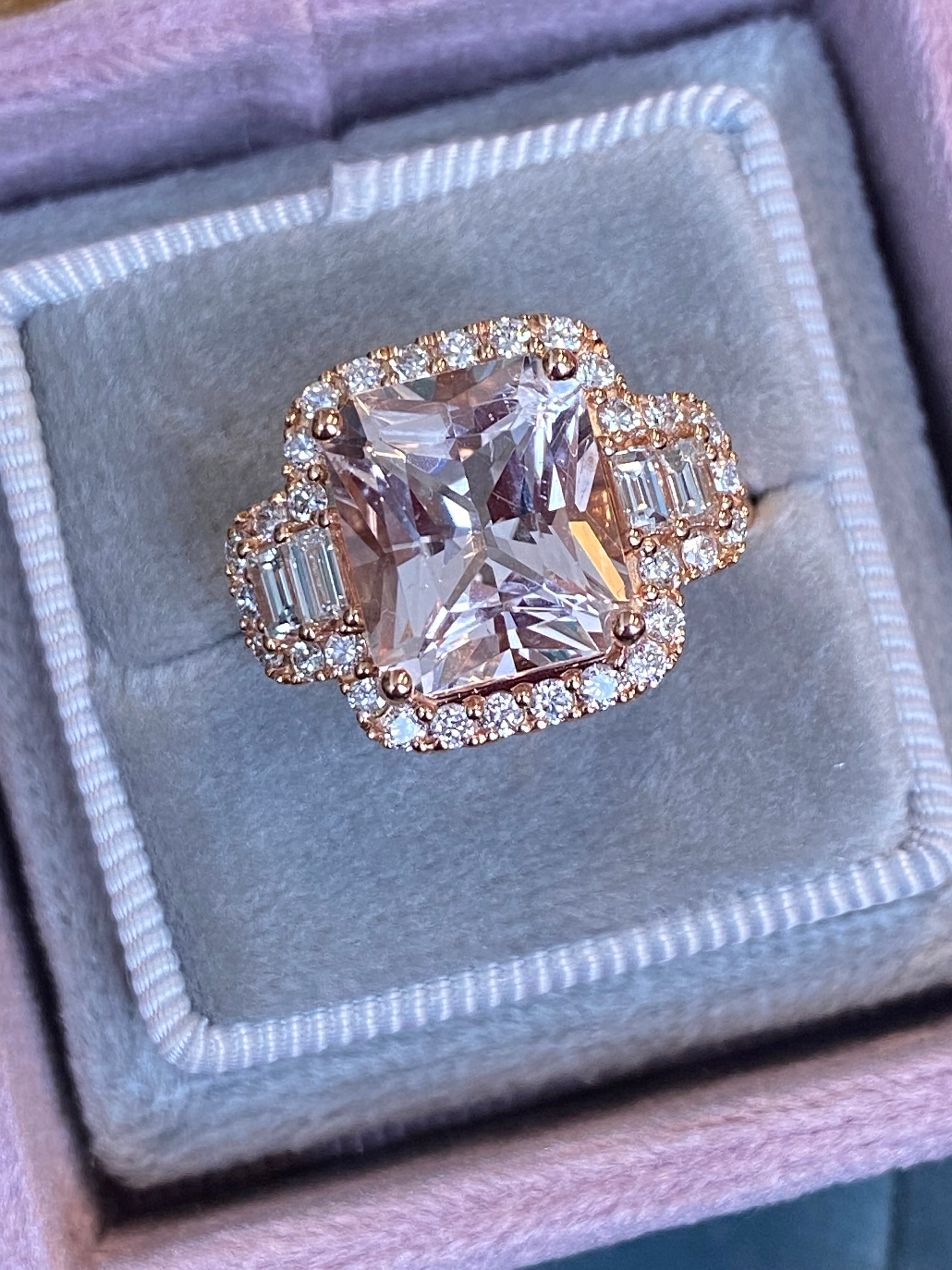 4.66 CTW Radiant Cut Morganite and Natural Diamond Ring in 18ct Rose Gold