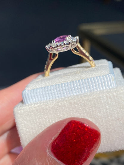1.65 Carat Purple Sapphire and 0.85ctw Natural Diamond Halo Ring in Platinum and 18ct Gold