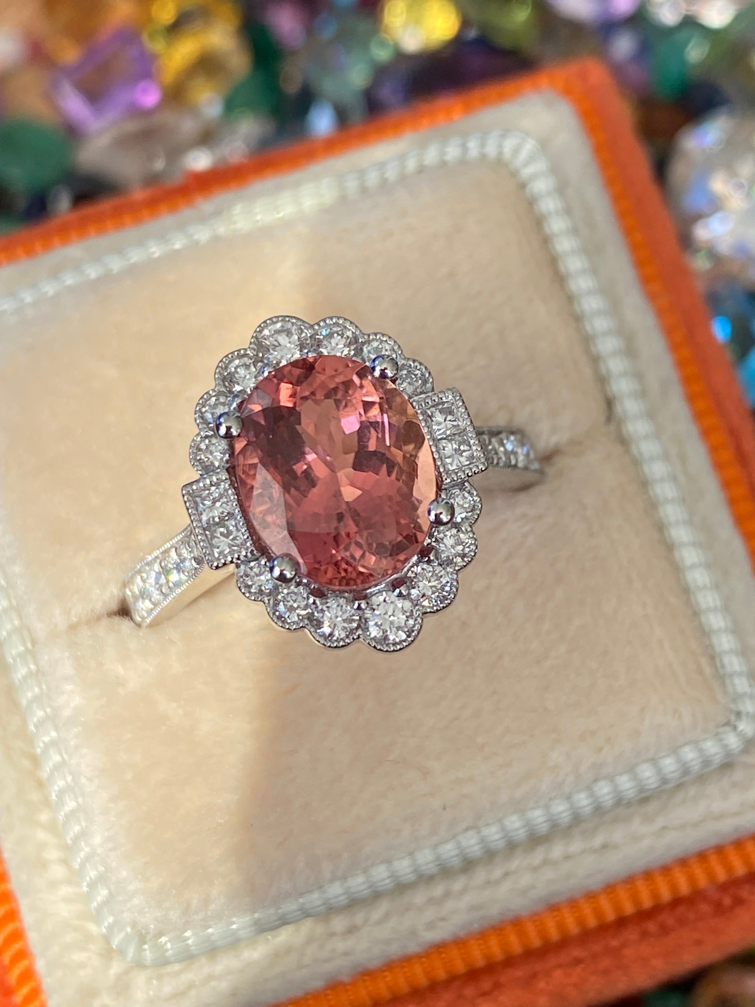 3.69 CTW Rose Tourmaline and Natural Diamond Halo Ring in Platinum