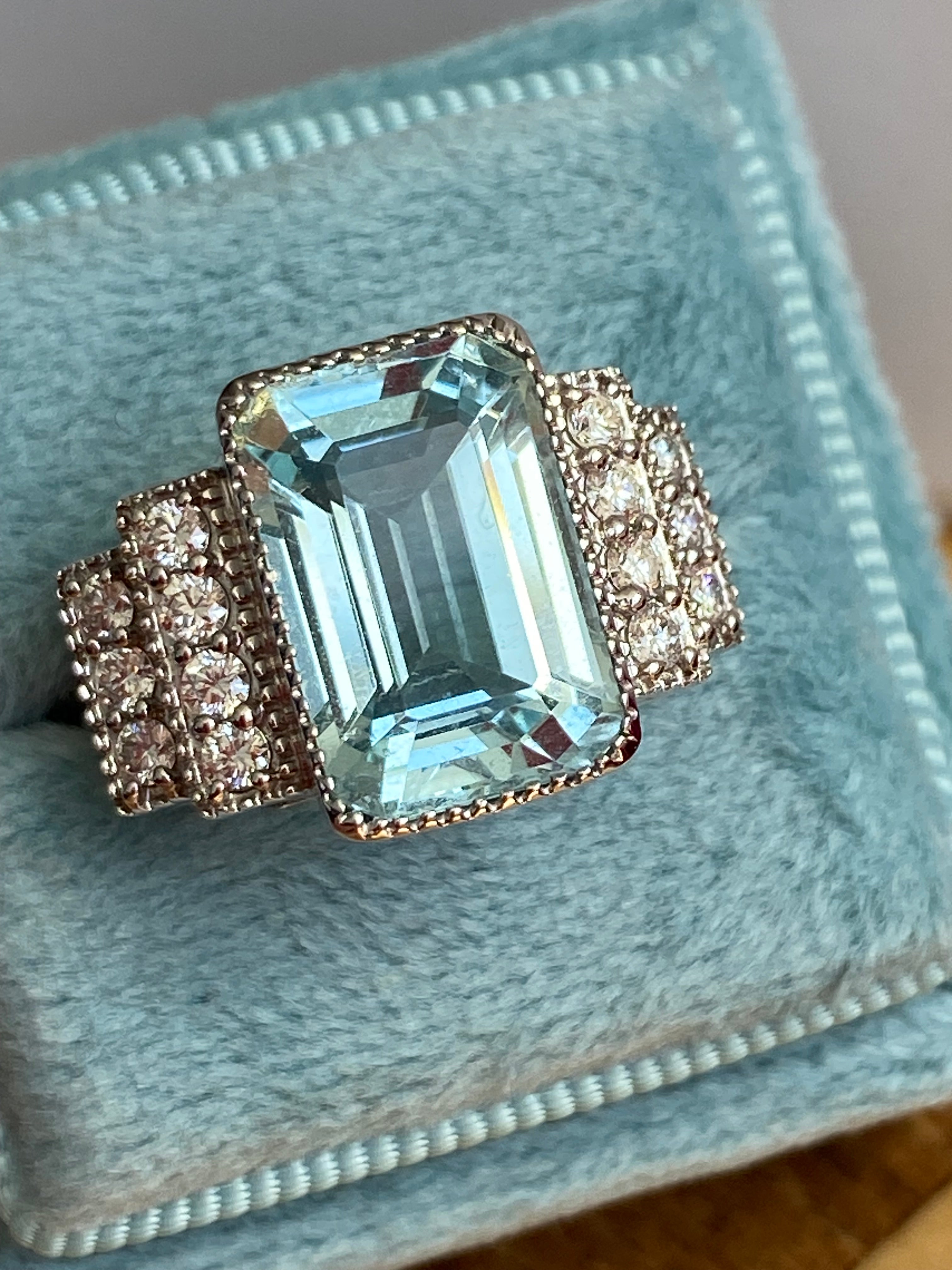 6.29 CTW Art Deco Style Aquamarine and Diamond Ring in 18ct White Gold